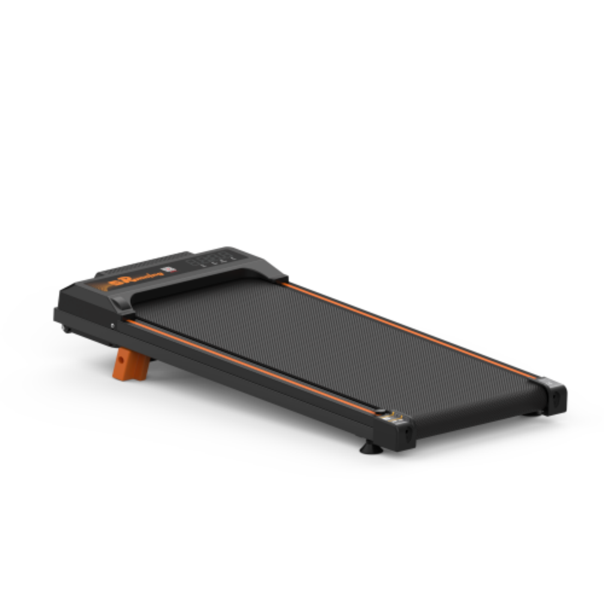 Czarna i pomarańczowa kompaktowa bieżnia znajduje się na białym tle.