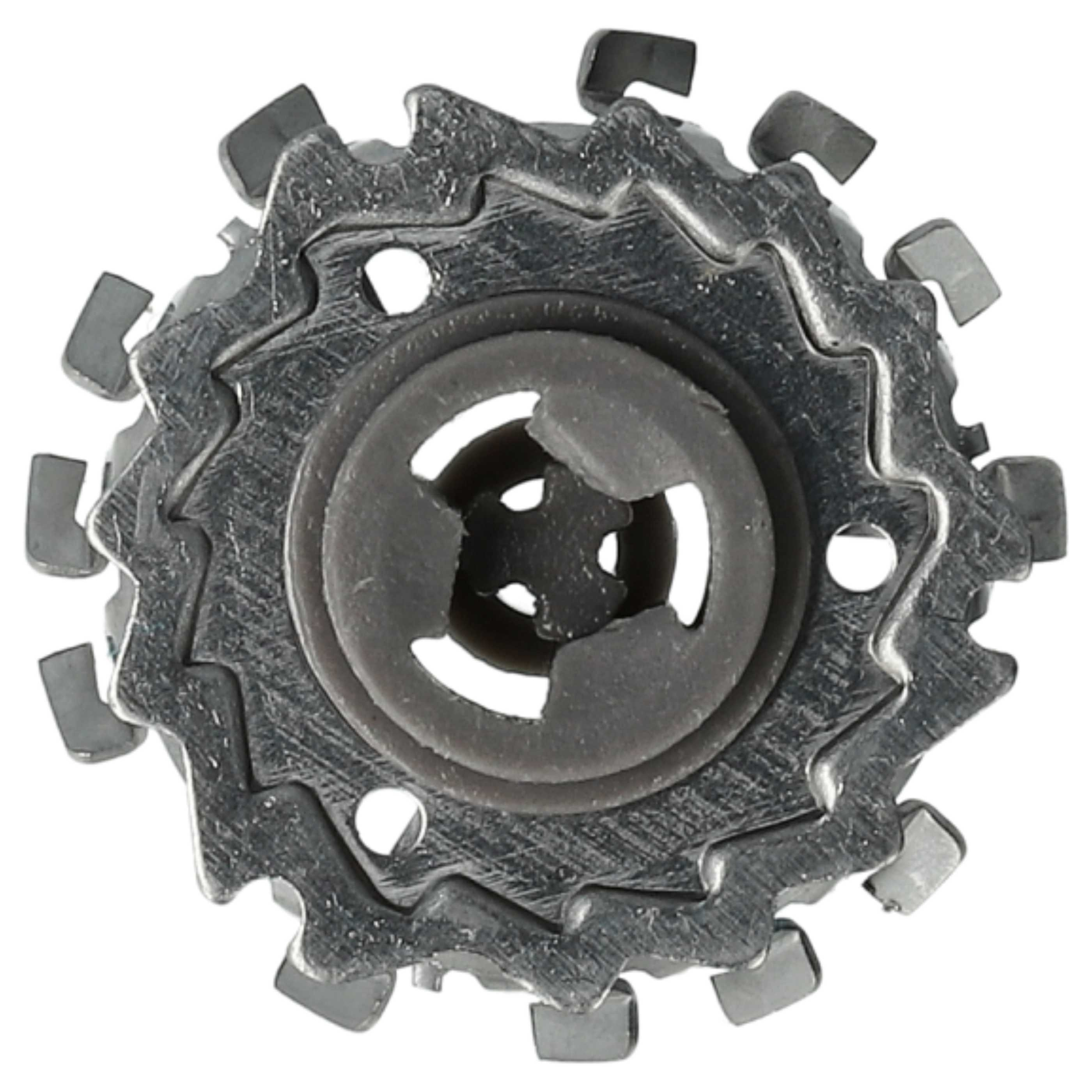 Ein metallisches Zahnrad mit dunkelgrauer Mittelnabe und gezackten Kanten, auf Weiß.