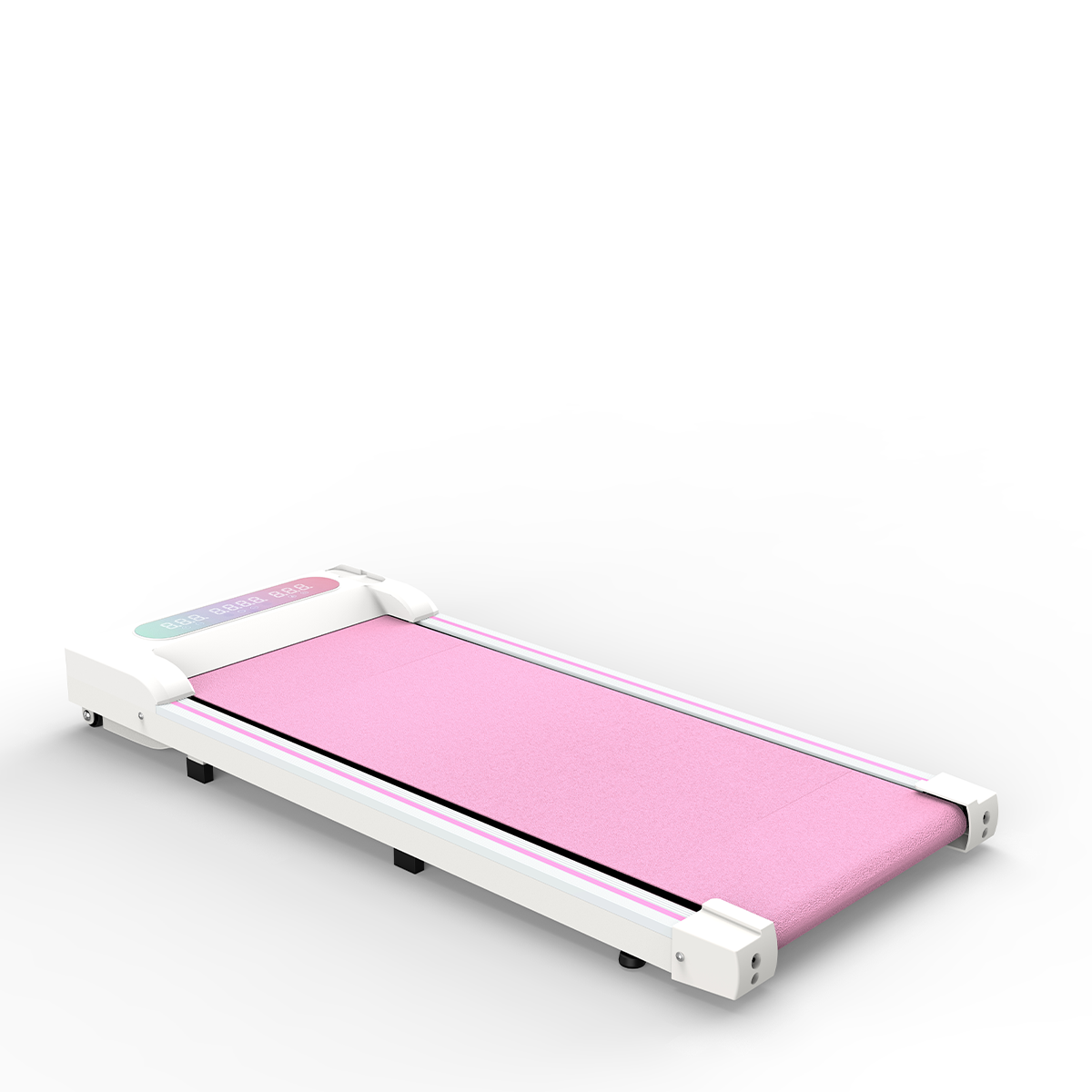 Biała bieżnia z różowym pasem bieżnym i cyfrowym wyświetlaczem pokazującym liczby.