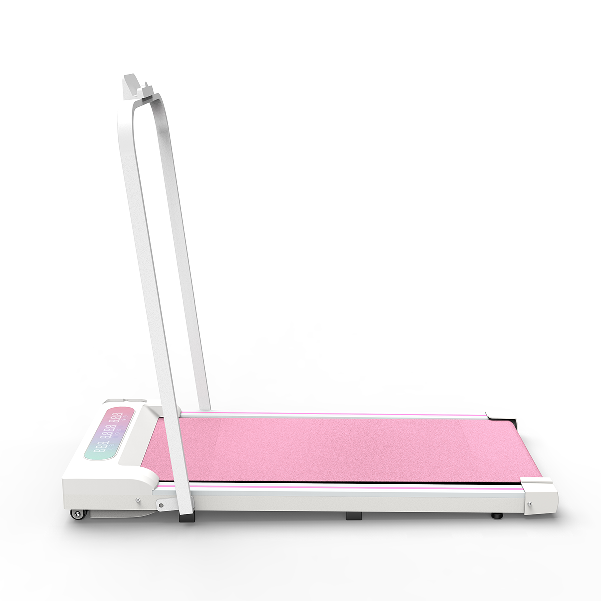 Wąska bieżnia z różową taśmą i białymi uchwytami na białym tle.