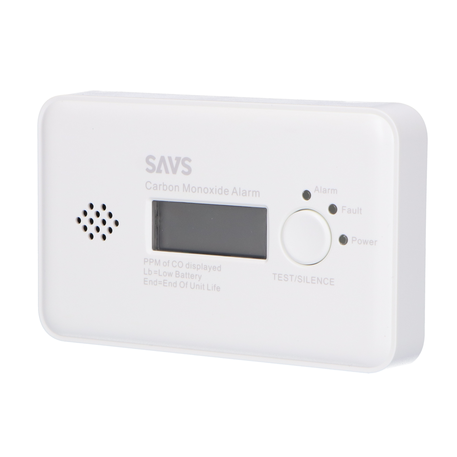 Weißer SAVS Kohlenmonoxid-Alarm mit LCD-Bildschirm, Lautsprecher und Tasten.