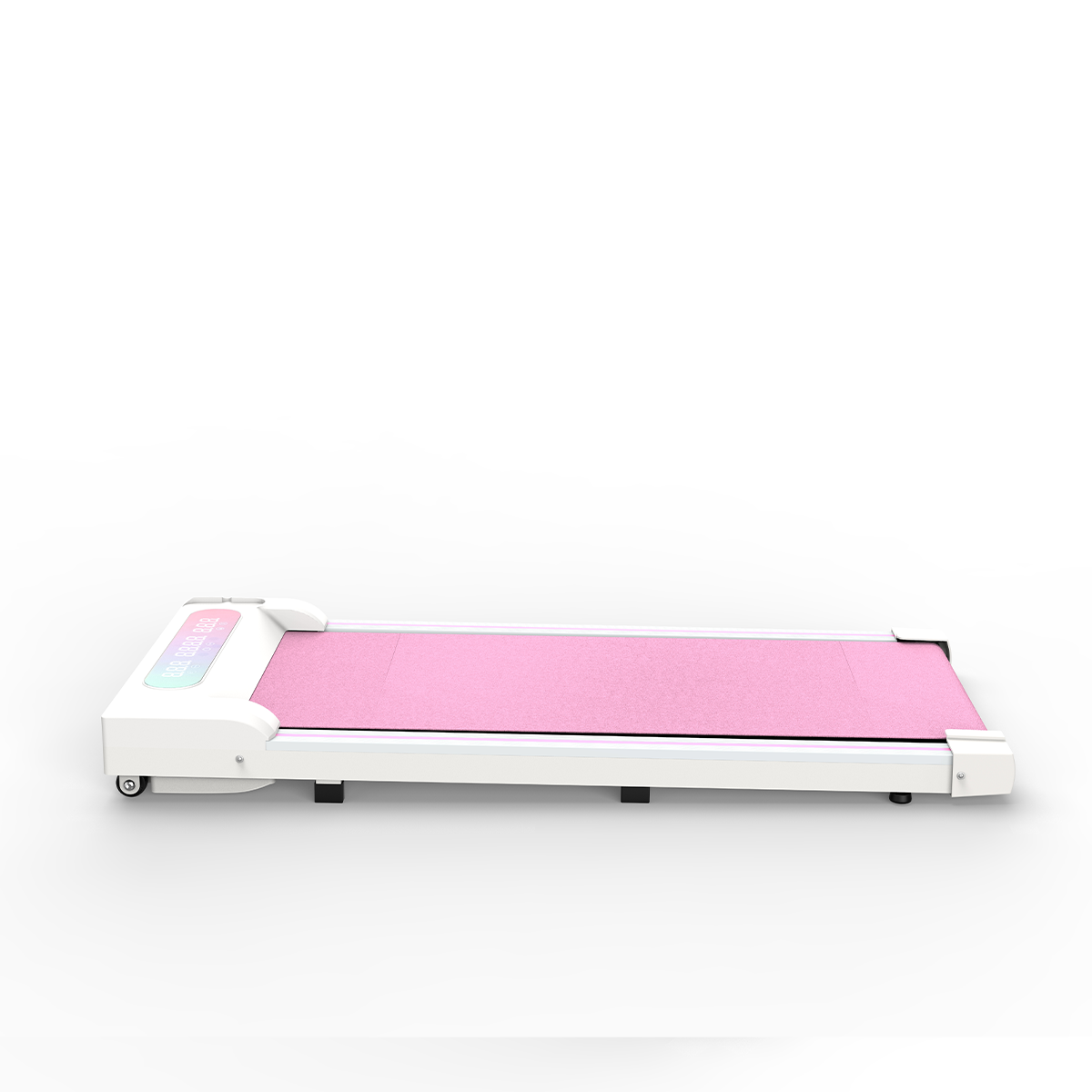 Smukła biała bieżnia z różową taśmą i cyfrowym wyświetlaczem.