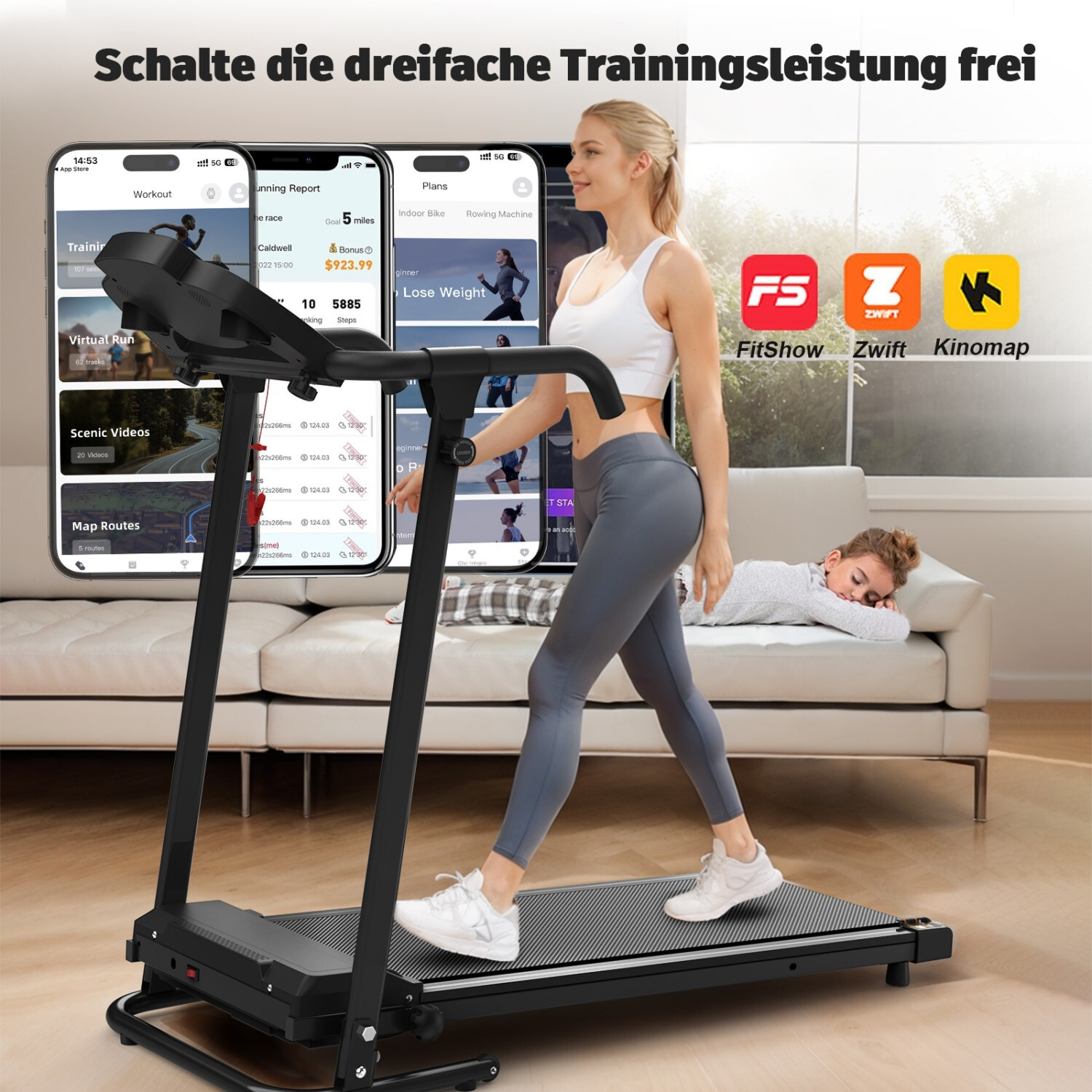 Kobieta na bieżni, telefony pokazują aplikacje fitness. Dziewczynka śpi na kanapie.