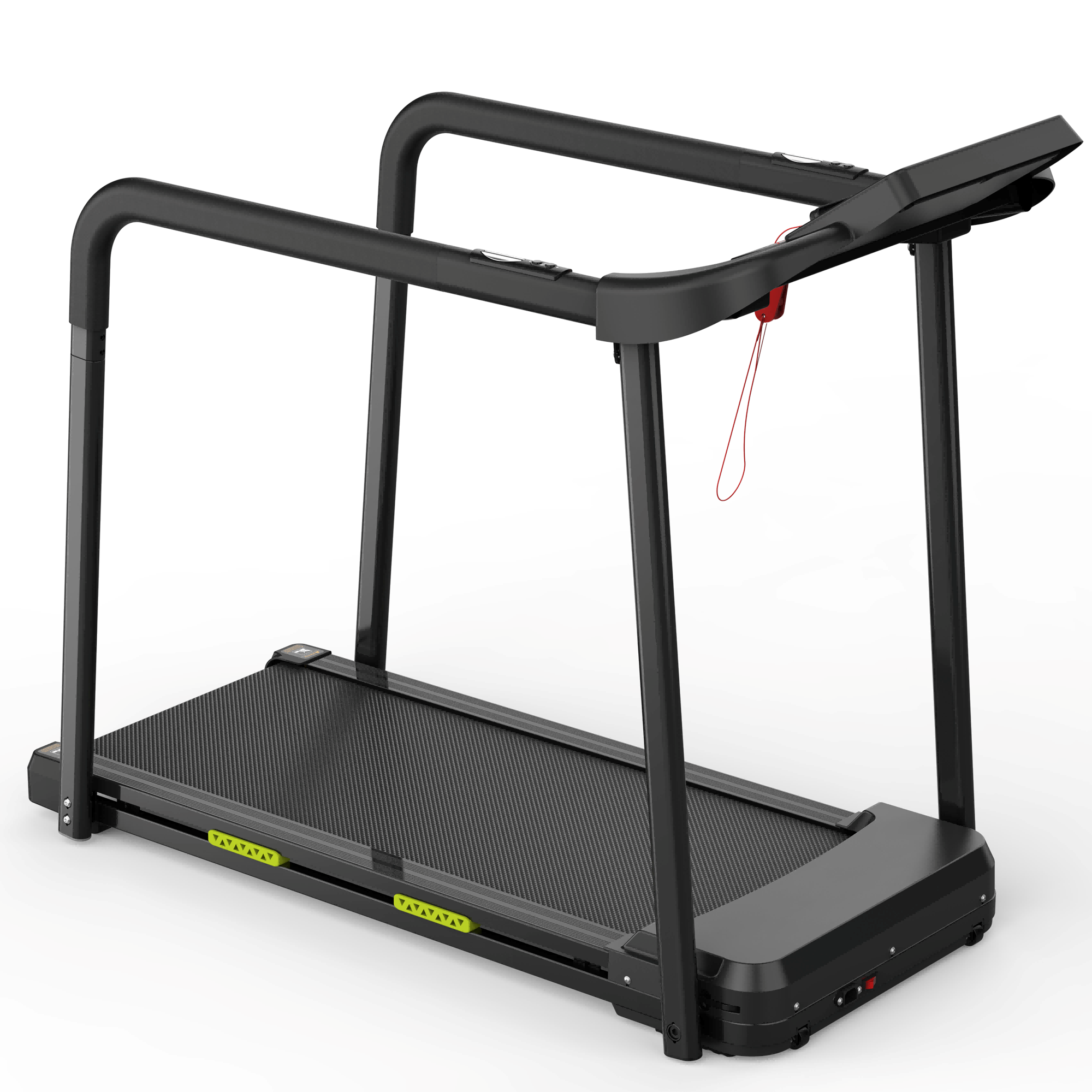 Czarna bieżnia z teksturowanym pasem bieżnym i srebrnymi uchwytami.