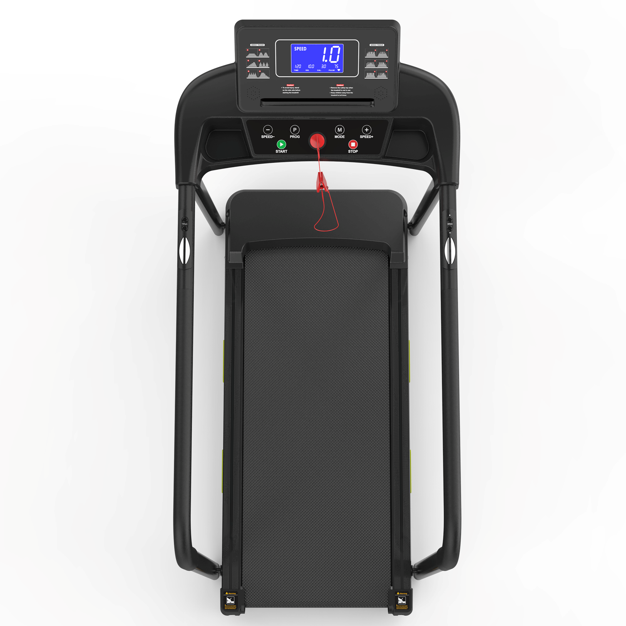 Czarna bieżnia z cyfrowym wyświetlaczem pokazującym prędkość 1,0.