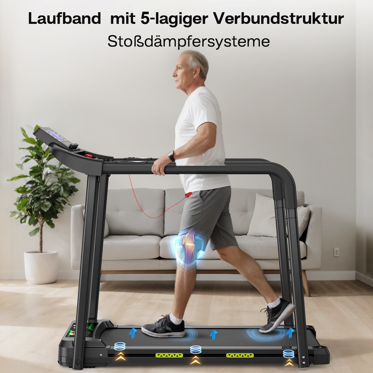 Starszy mężczyzna ćwiczy na bieżni w nowoczesnym salonie.