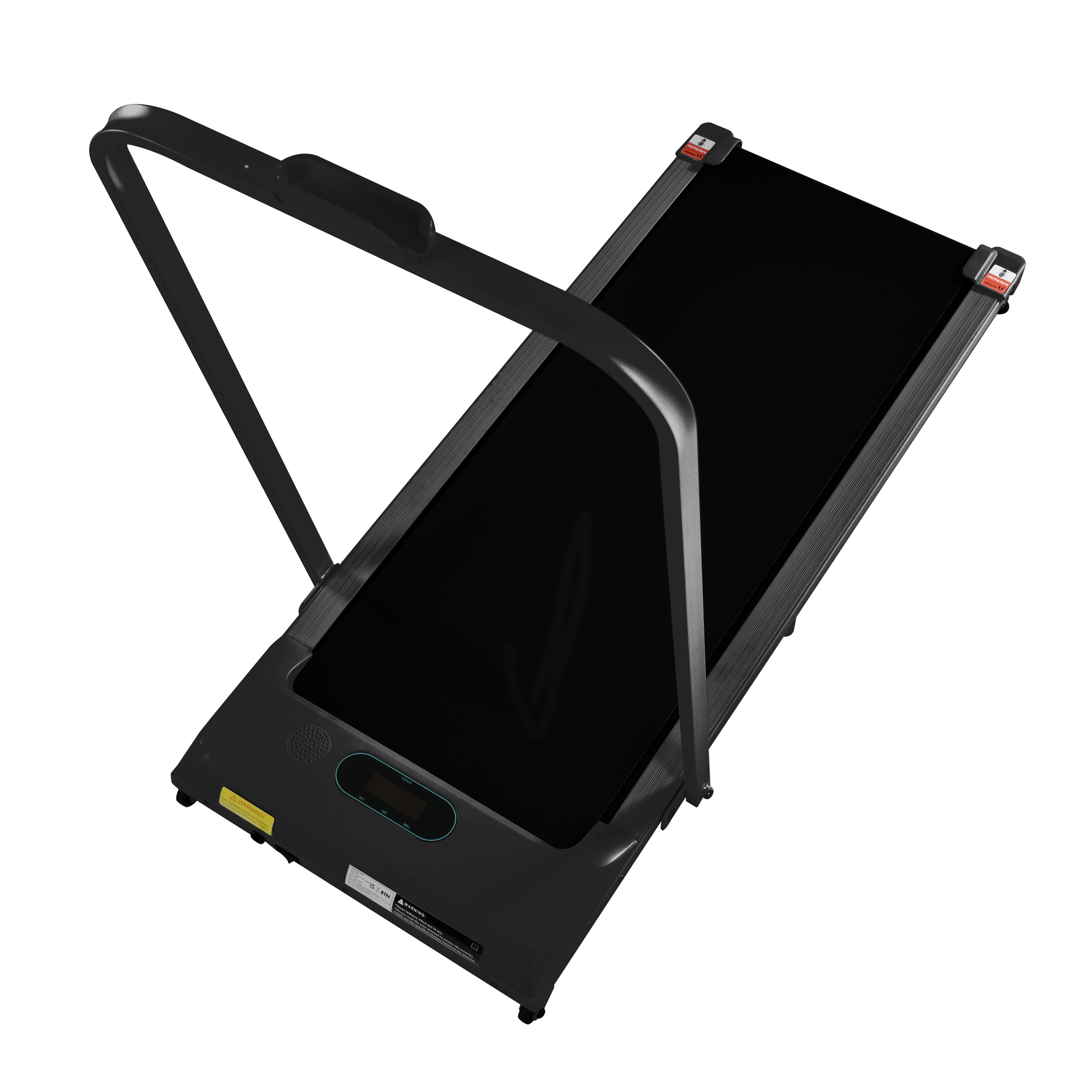 Czarna bieżnia z cyfrowym wyświetlaczem i kierownicą pokazana na białym tle.