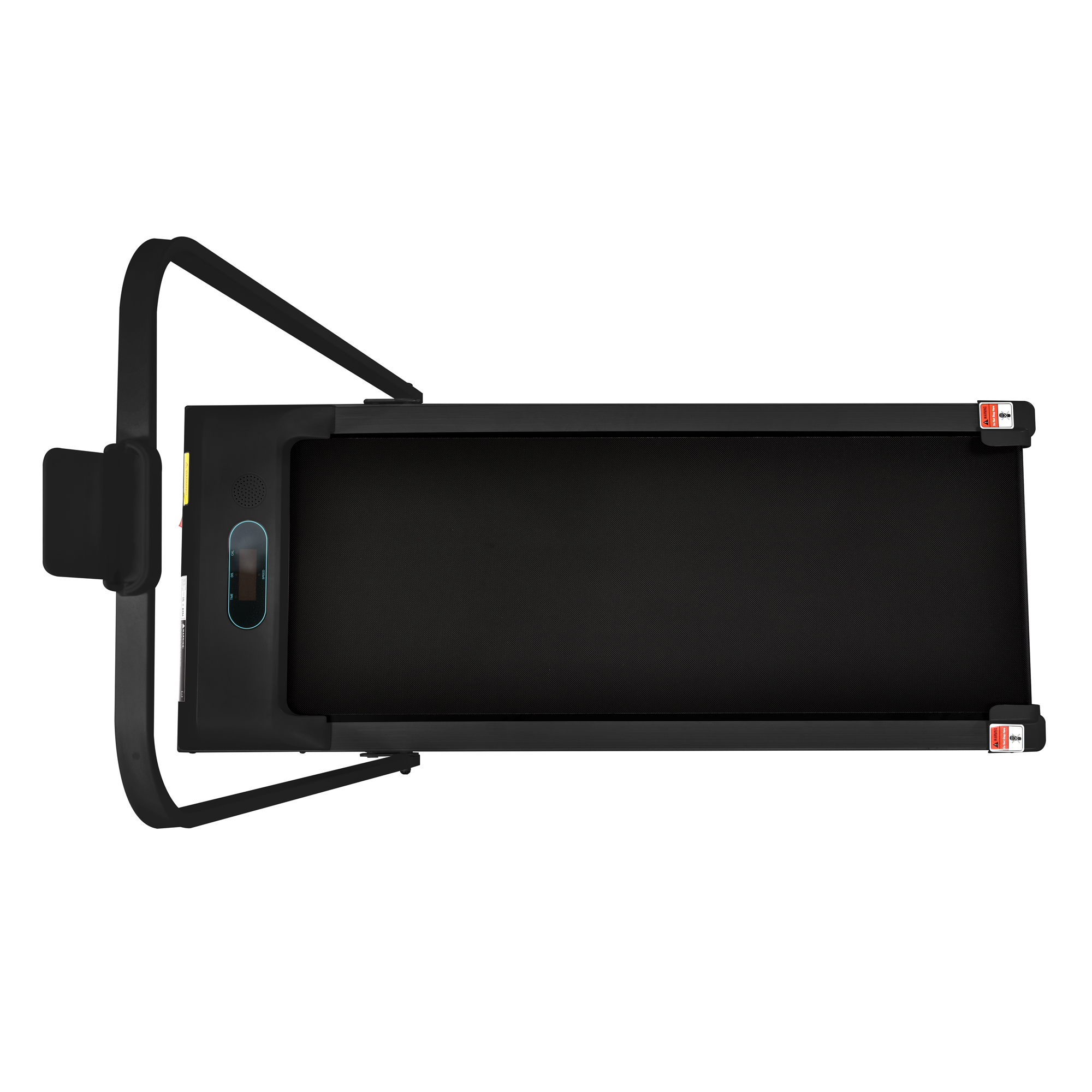 Czarna bieżnia z uchwytami i wyświetlaczem, widziana z góry.