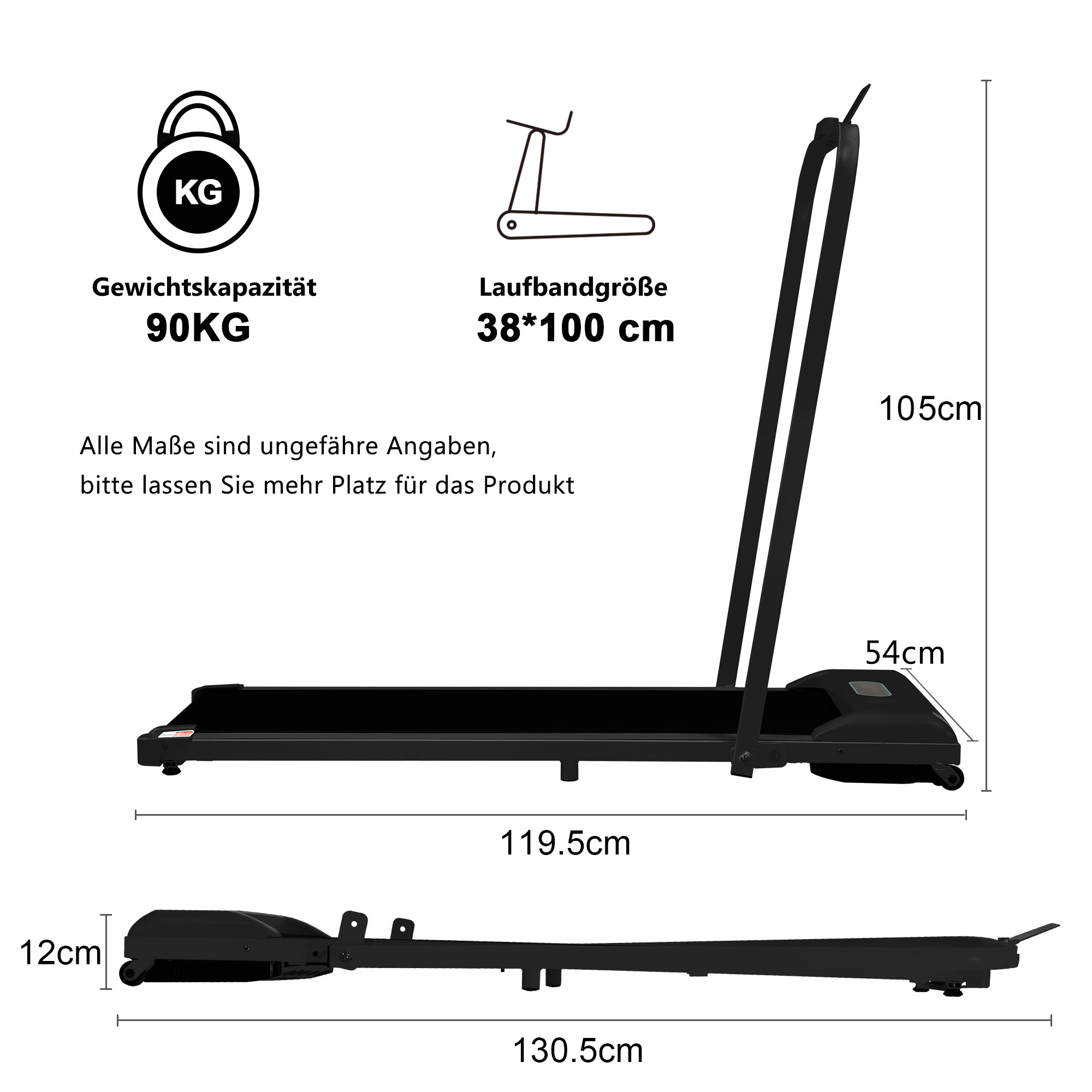 Czarna bieżnia z wymiarami i udźwigiem.