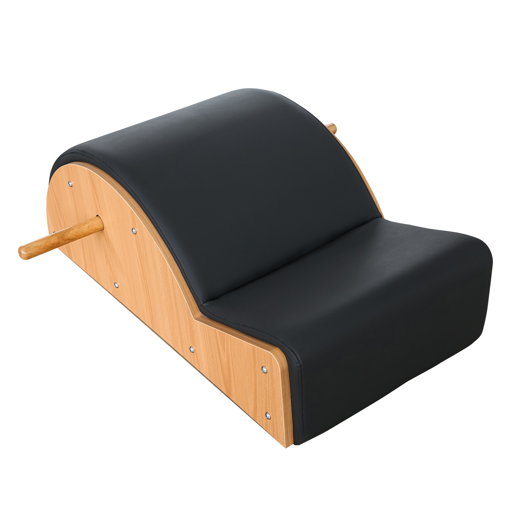 Un arco Pilates nero in legno e imbottitura con manici.