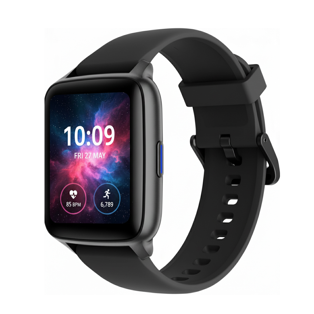 Un reloj inteligente negro con esfera de reloj espacial colorida que muestra hora y estadísticas.