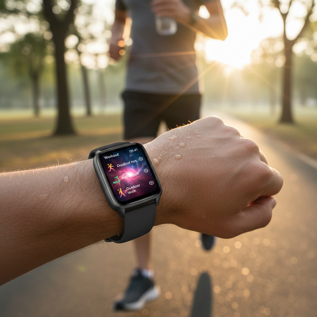 Smartwatch en muñeca sudorosa muestra opciones de entrenamiento. Un corredor está borroso.