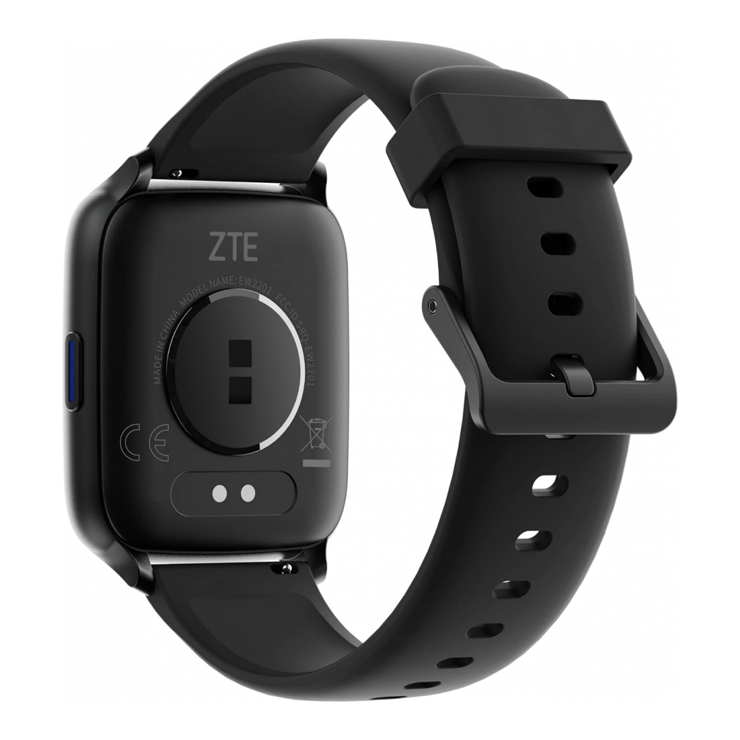 Reloj inteligente ZTE negro, modelo EW2201, mostrado de espaldas con contactos de carga.