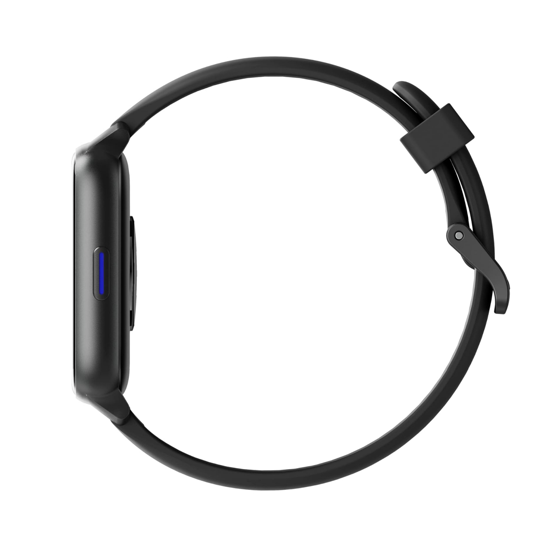 Reloj inteligente negro con indicador de carga azul, visto de perfil.