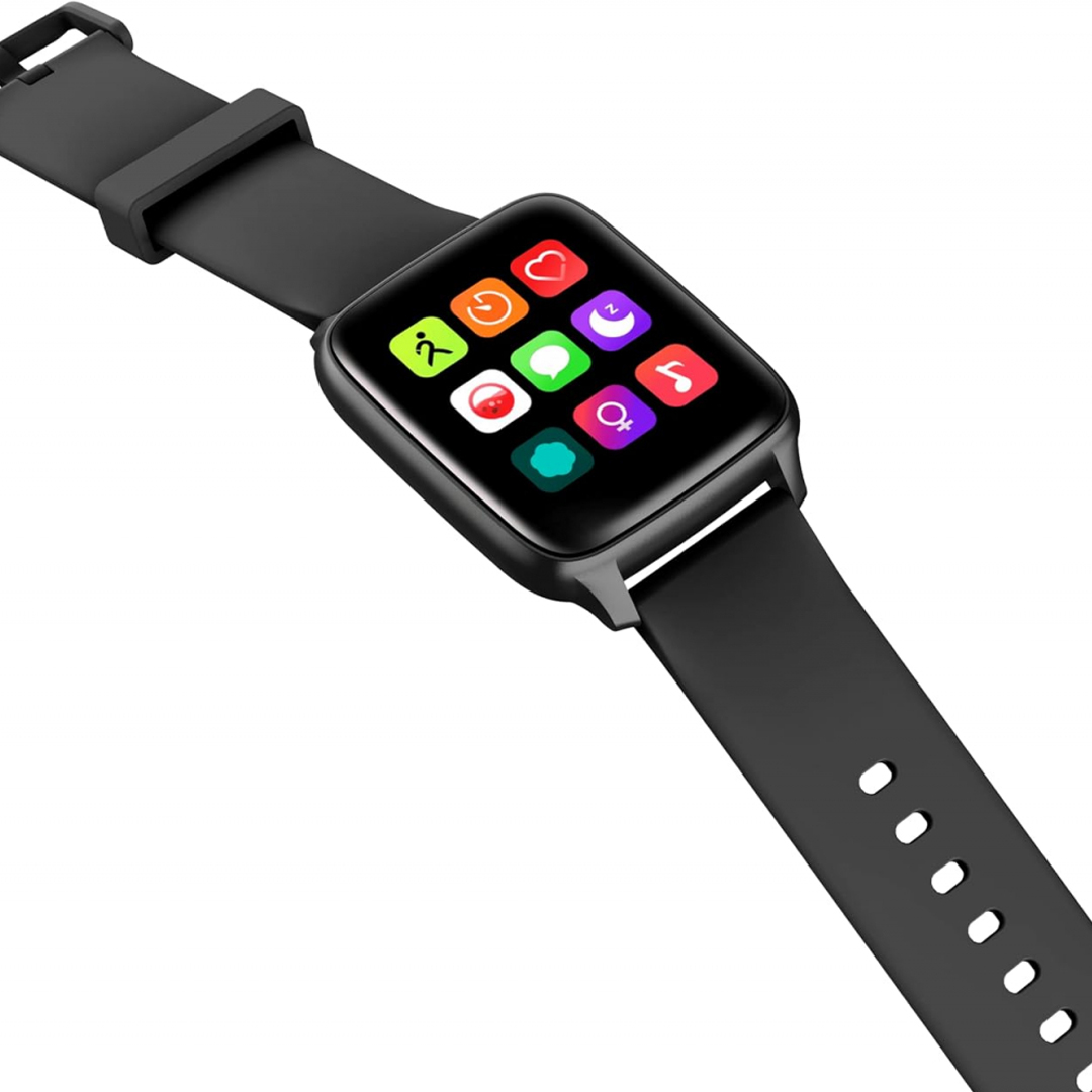 Reloj inteligente negro con iconos de aplicaciones coloridos en pantalla. Fondo blanco.