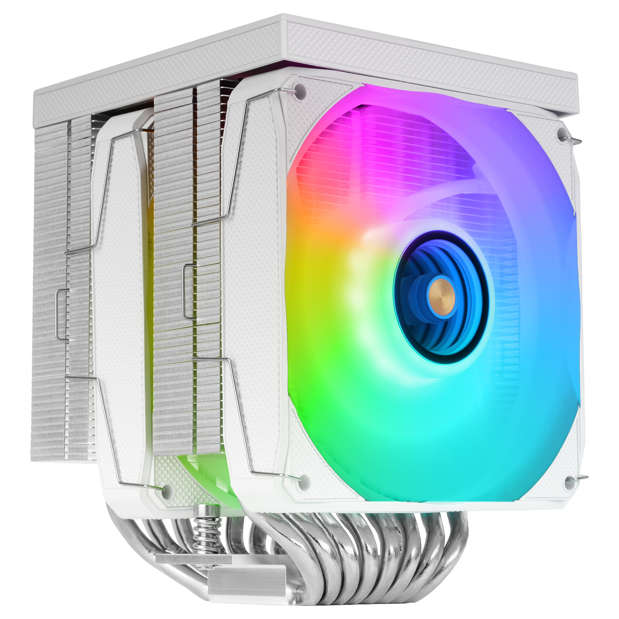 Un dissipatore CPU bianco per computer con illuminazione RGB arcobaleno sulla ventola.