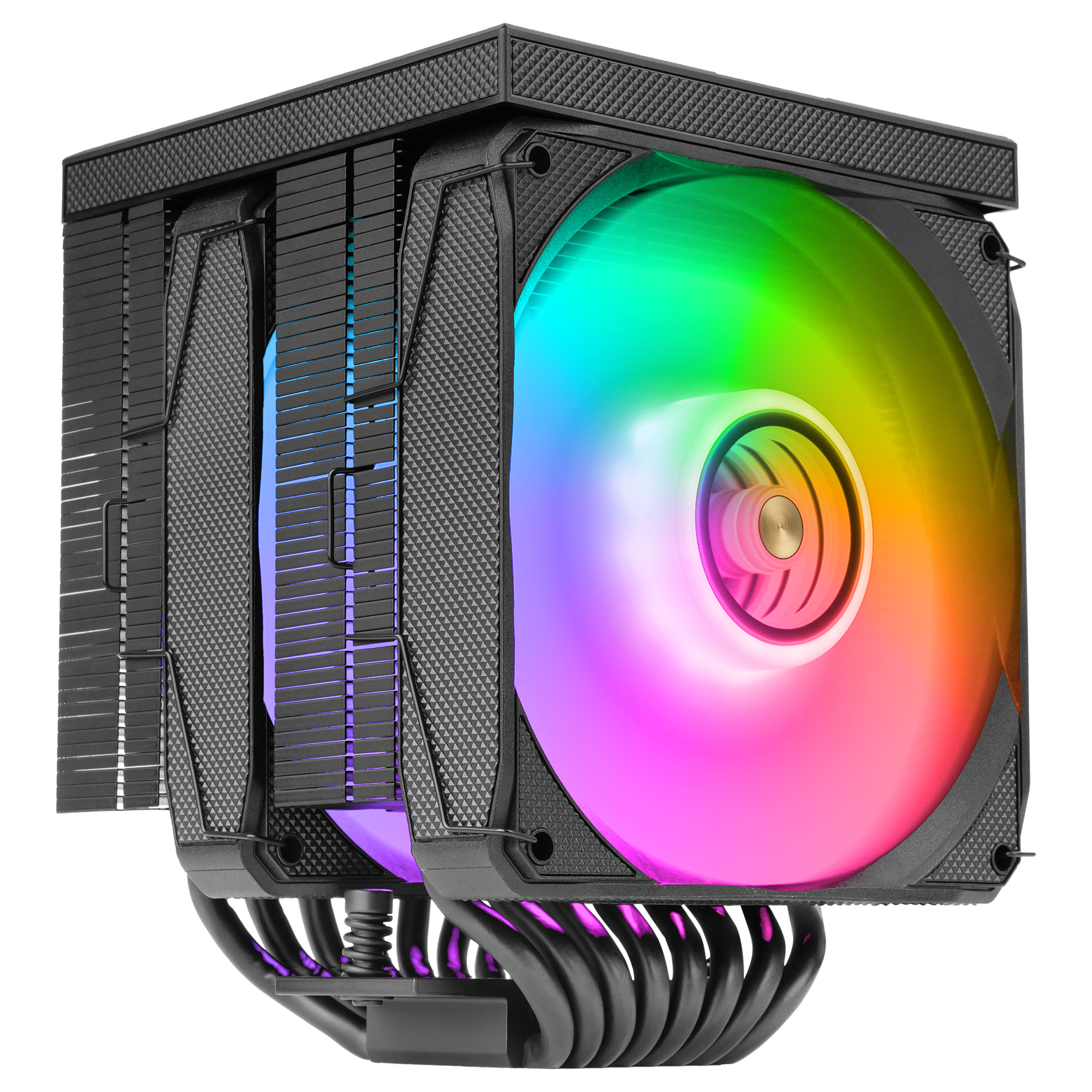 Un dissipatore per CPU nero con ventola che mostra una sfumatura arcobaleno, su sfondo bianco.