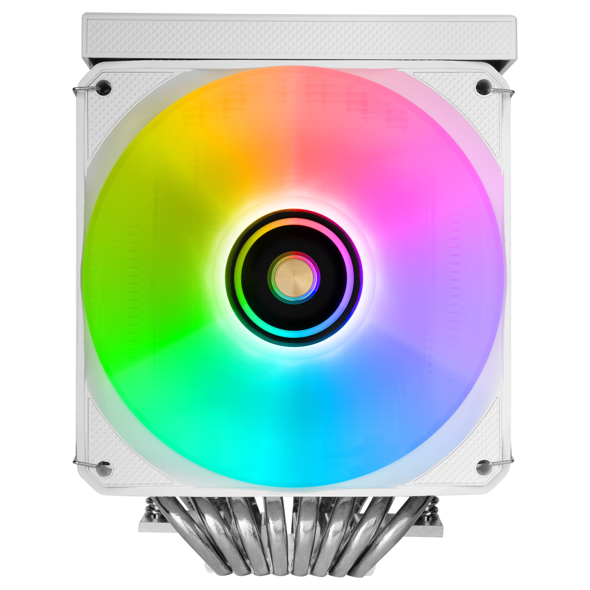 Un dissipatore CPU bianco con ventola RGB e heatpipe argentate.