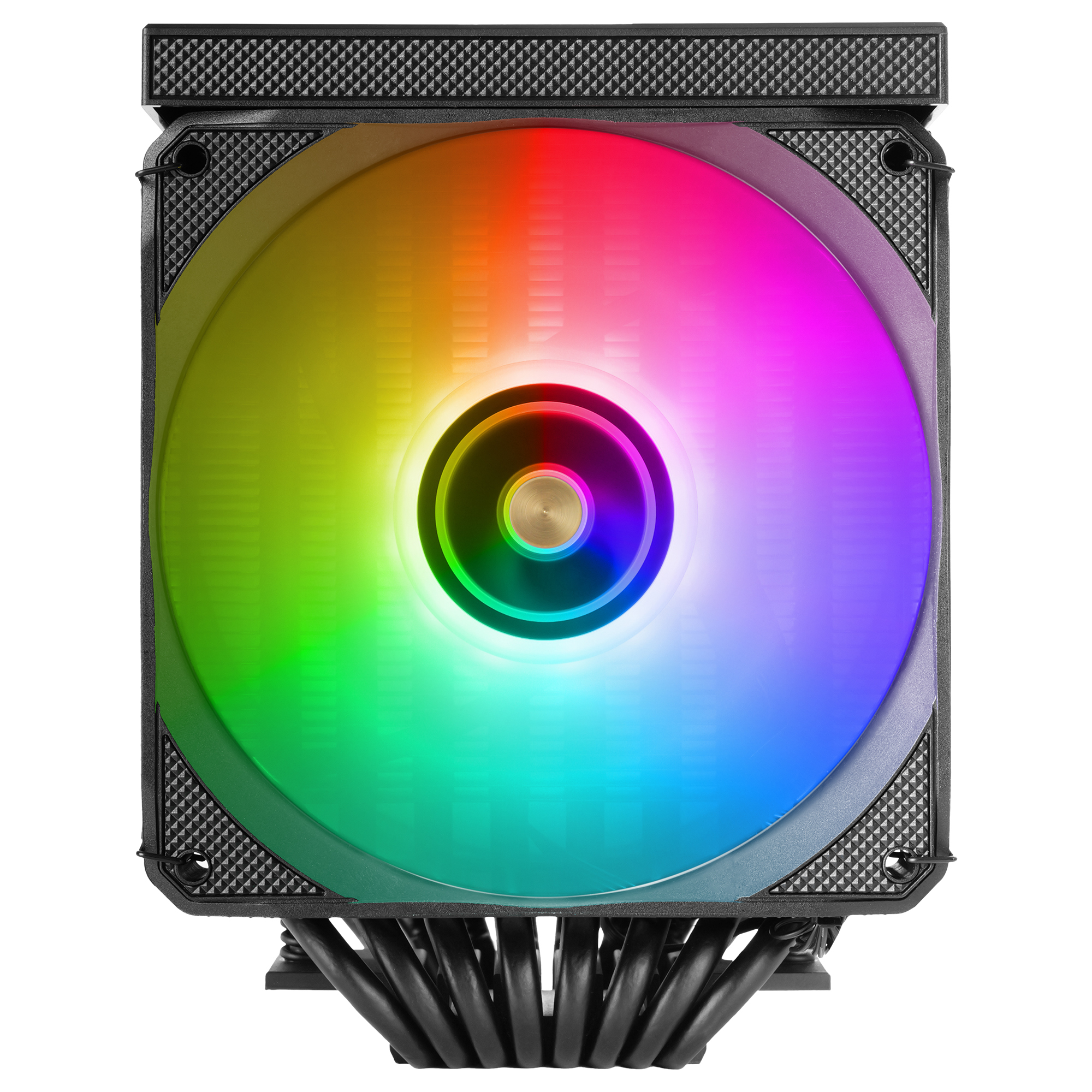Una ventola PC nera con illuminazione RGB arcobaleno, su sfondo bianco.