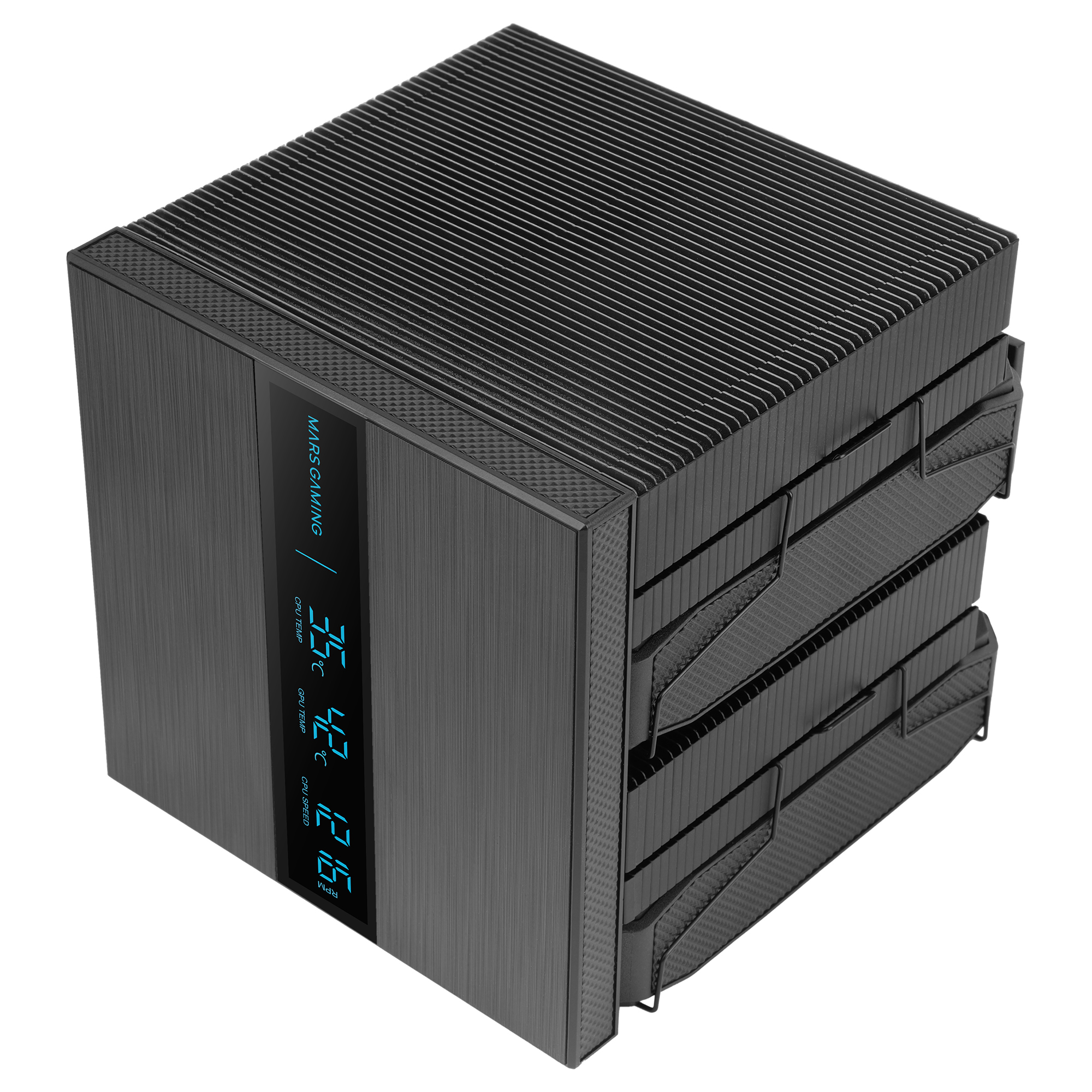 Raffreddatore per computer nero con display digitali che mostrano temperatura CPU e velocità ventola.