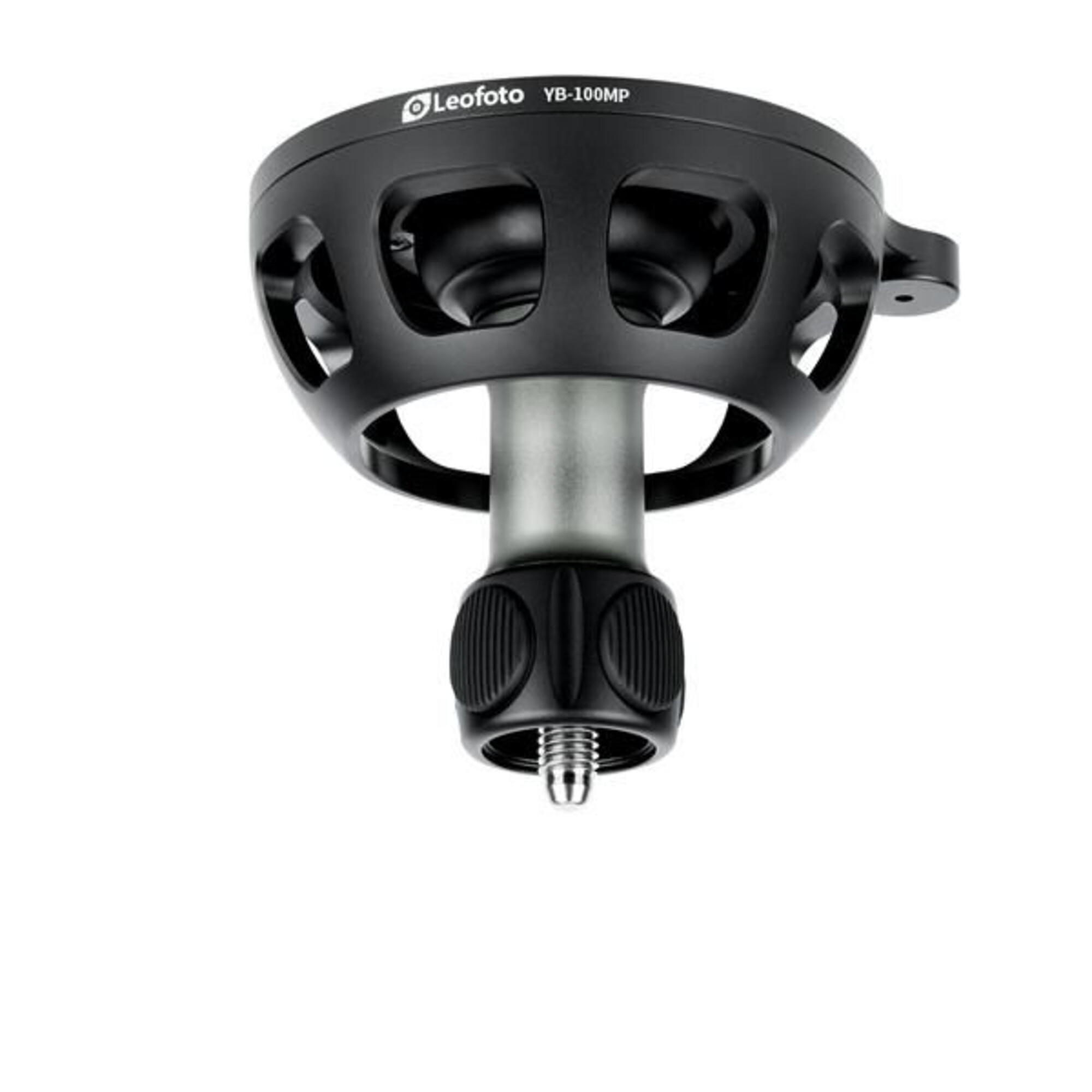 Ein schwarzer Gimbal-Kopf mit silbernem Schaft und Rändelschraube.
