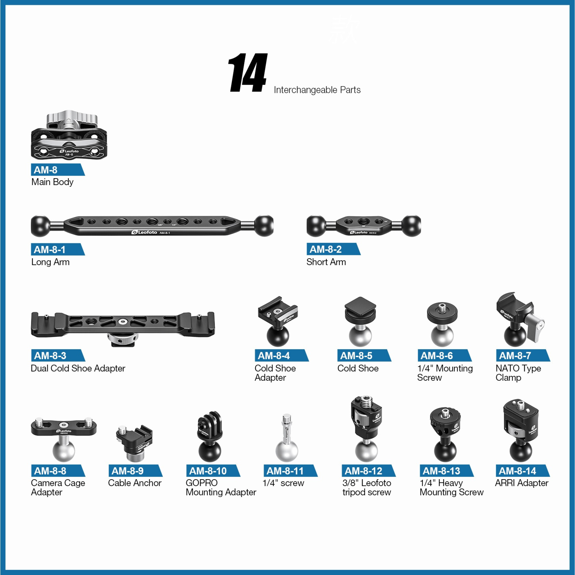 14 Leofoto austauschbare Kamerateile: Hauptkörper, Arme, Adapter, Schrauben, Klemme.