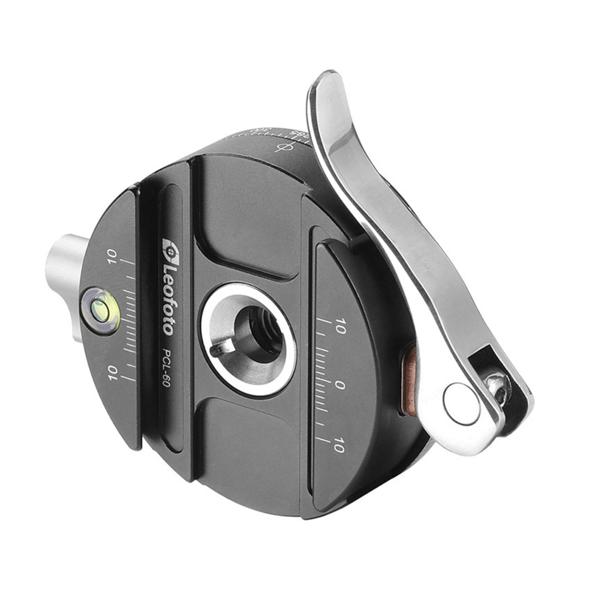 Ein schwarzer Leofoto PCL-60 Stativkopf mit silbernem Hebel und Wasserwaage.
