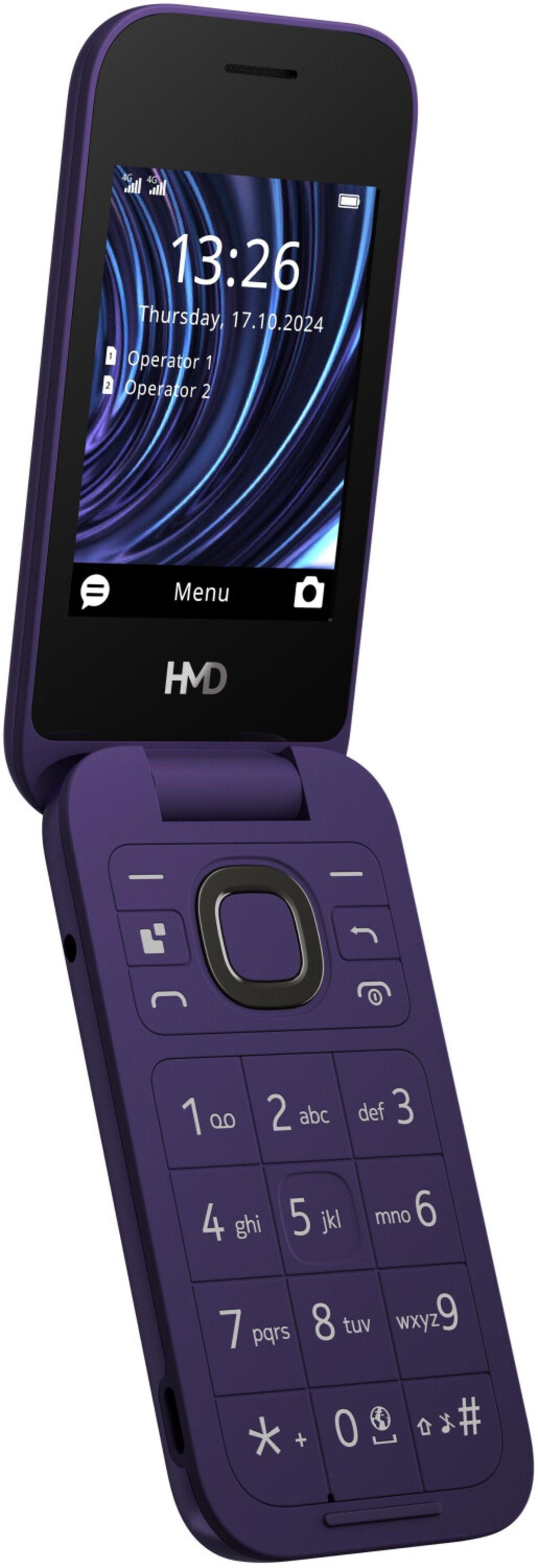Ein lila HMD-Klapphandy ist geöffnet und zeigt den Bildschirm mit der Uhrzeit 13:26 und der darunter liegenden Tastatur.