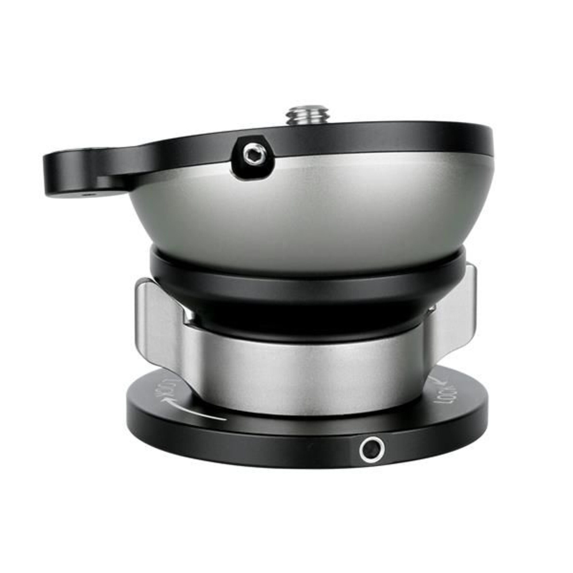 Una testa gimbal per fotocamera argento e nero con base nera e leve argentate.