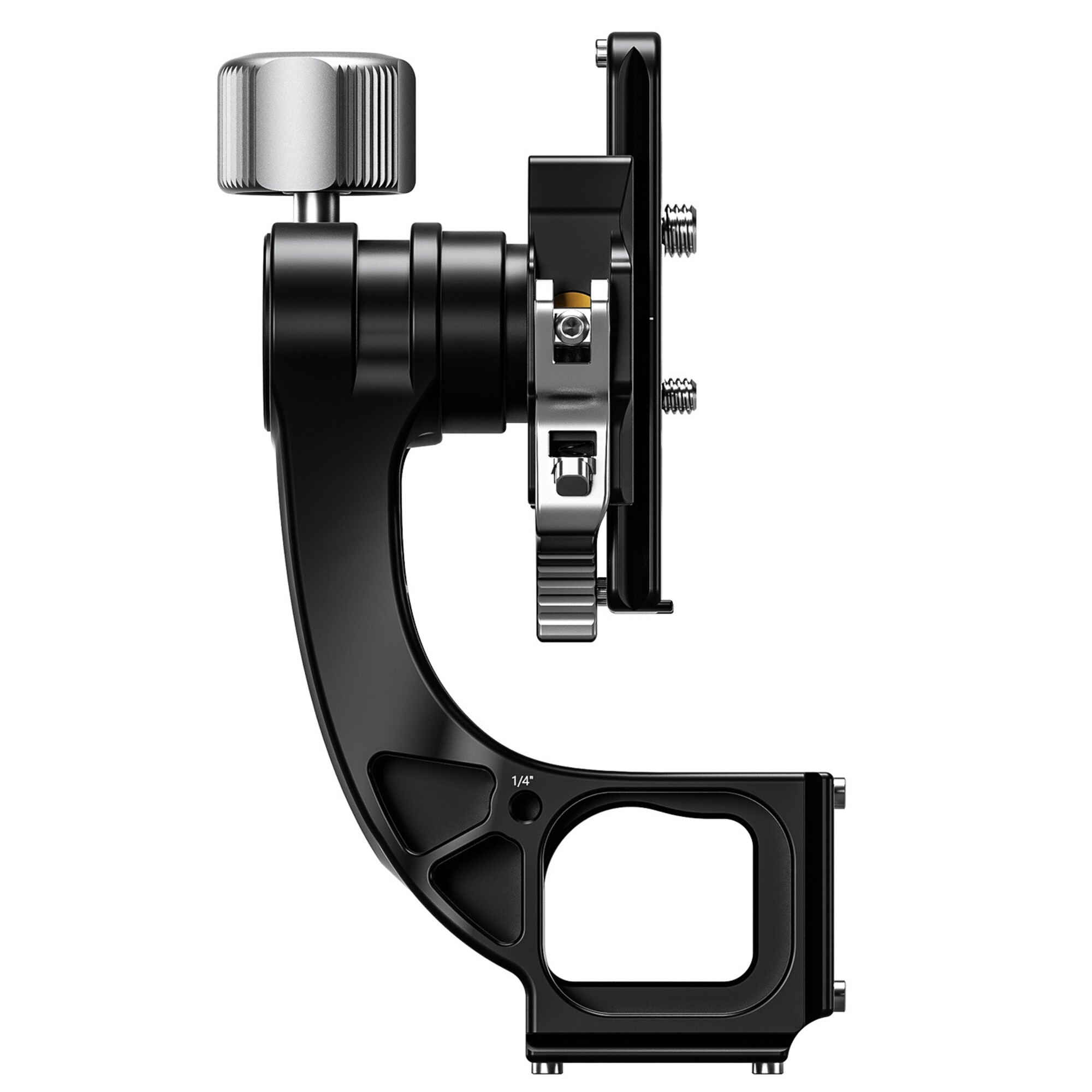 Ein schwarzer Kamerahalterungsarm mit silbernem Knopf und 1/4"-Markierung.