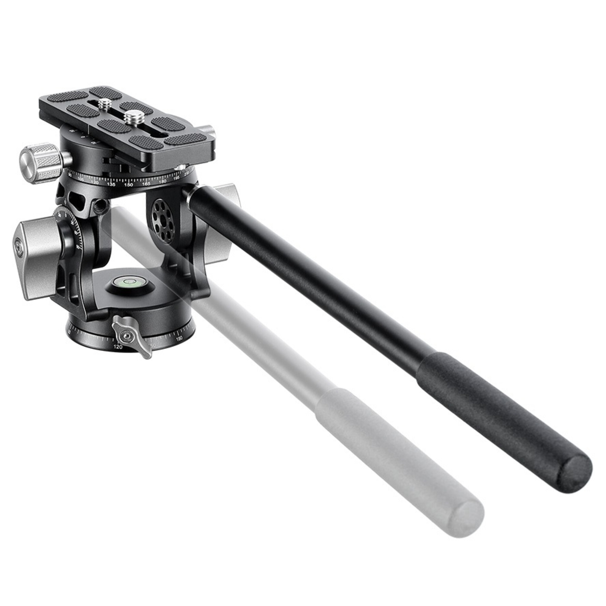 Una testa per fotocamera nera con due maniglie su sfondo bianco.