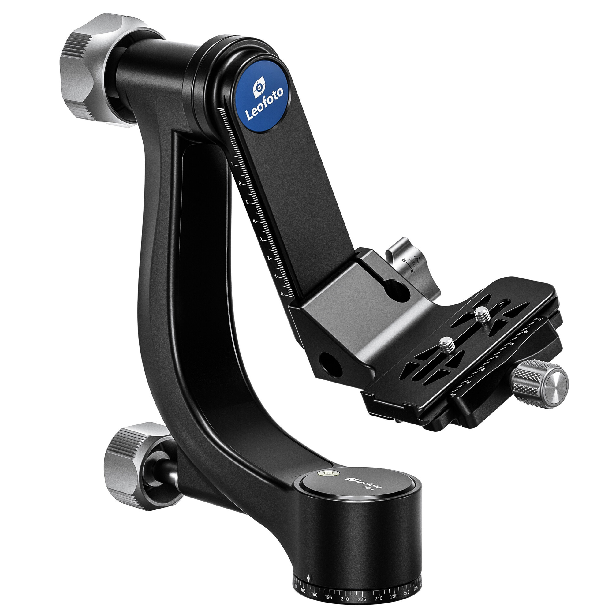 Schwarzer Leofoto Gimbal-Kopf mit silbernen Knöpfen und Gradmarkierungen.