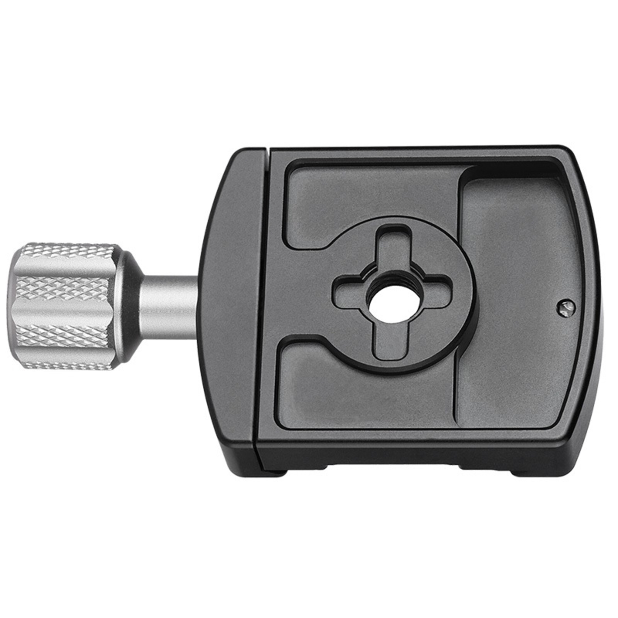 Ein grauer Kameraschnellwechseladapter mit Rändelschraube.