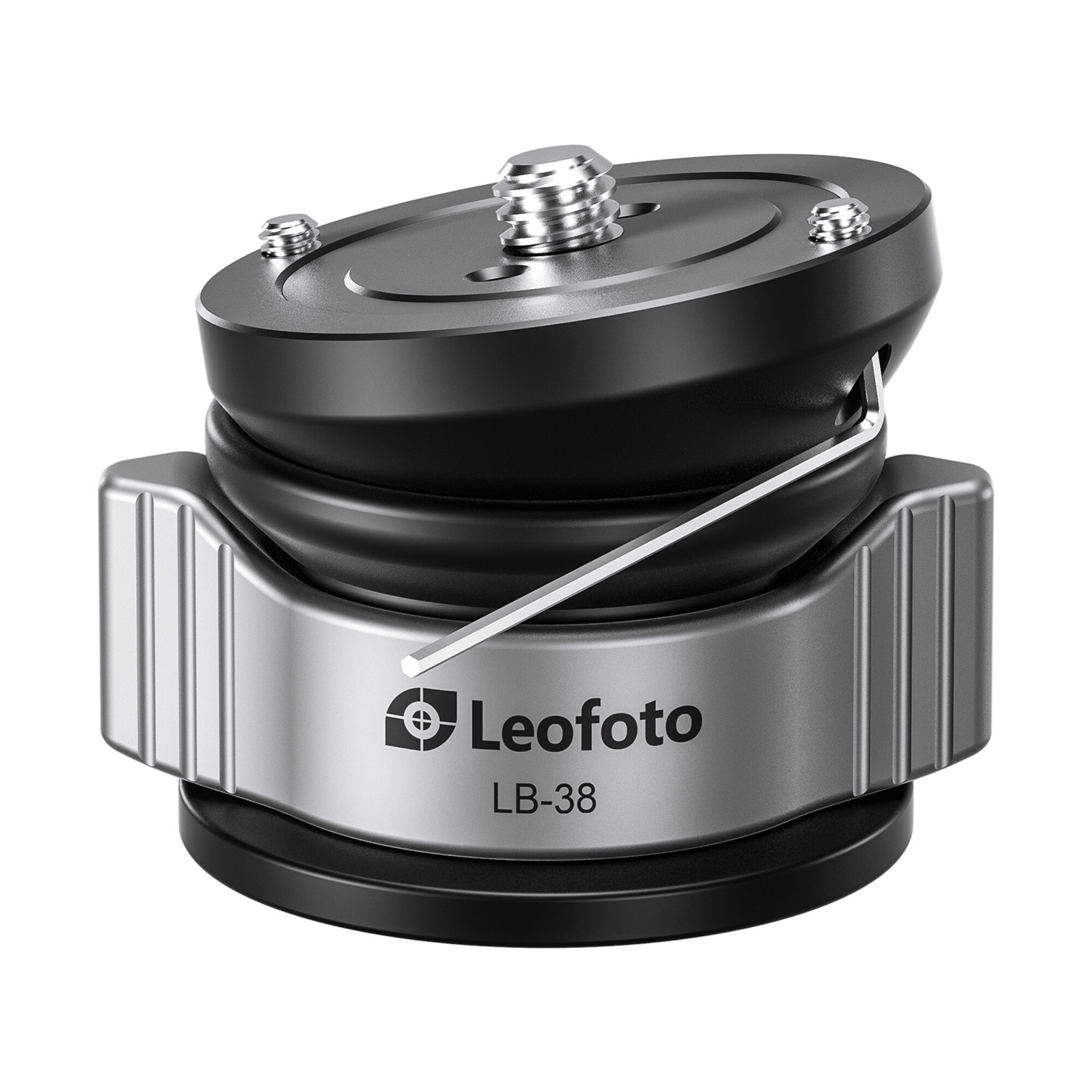 Ein Leofoto LB-38 Kugelkopfadapter mit silbernem Metallgehäuse und schwarzem Oberteil.