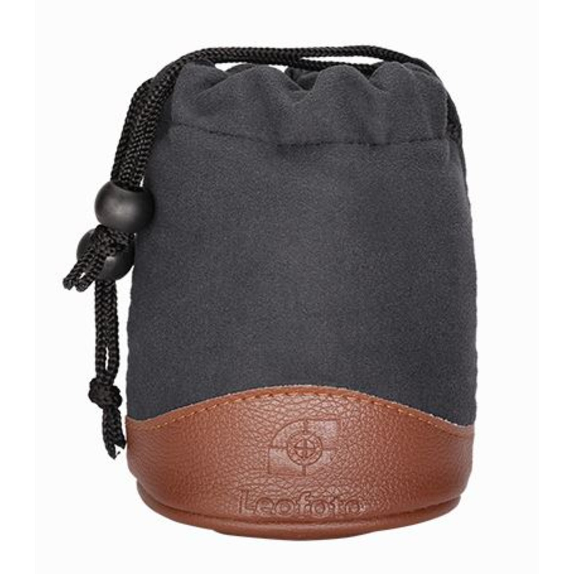 Eine dunkelgraue Kordelzugtasche mit braunem Lederboden und Logo.