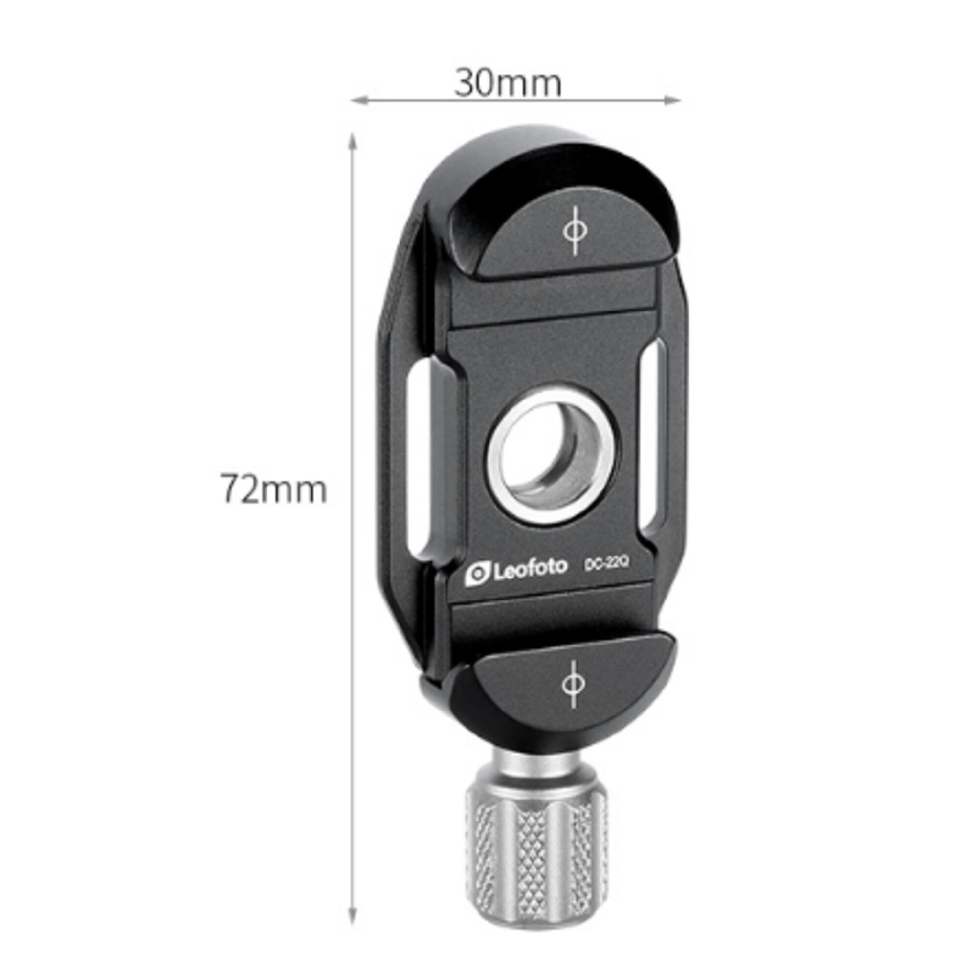 Schwarze Leofoto DC-220 Klemme, 72mm lang, 30mm breit, mit Silberschraube.