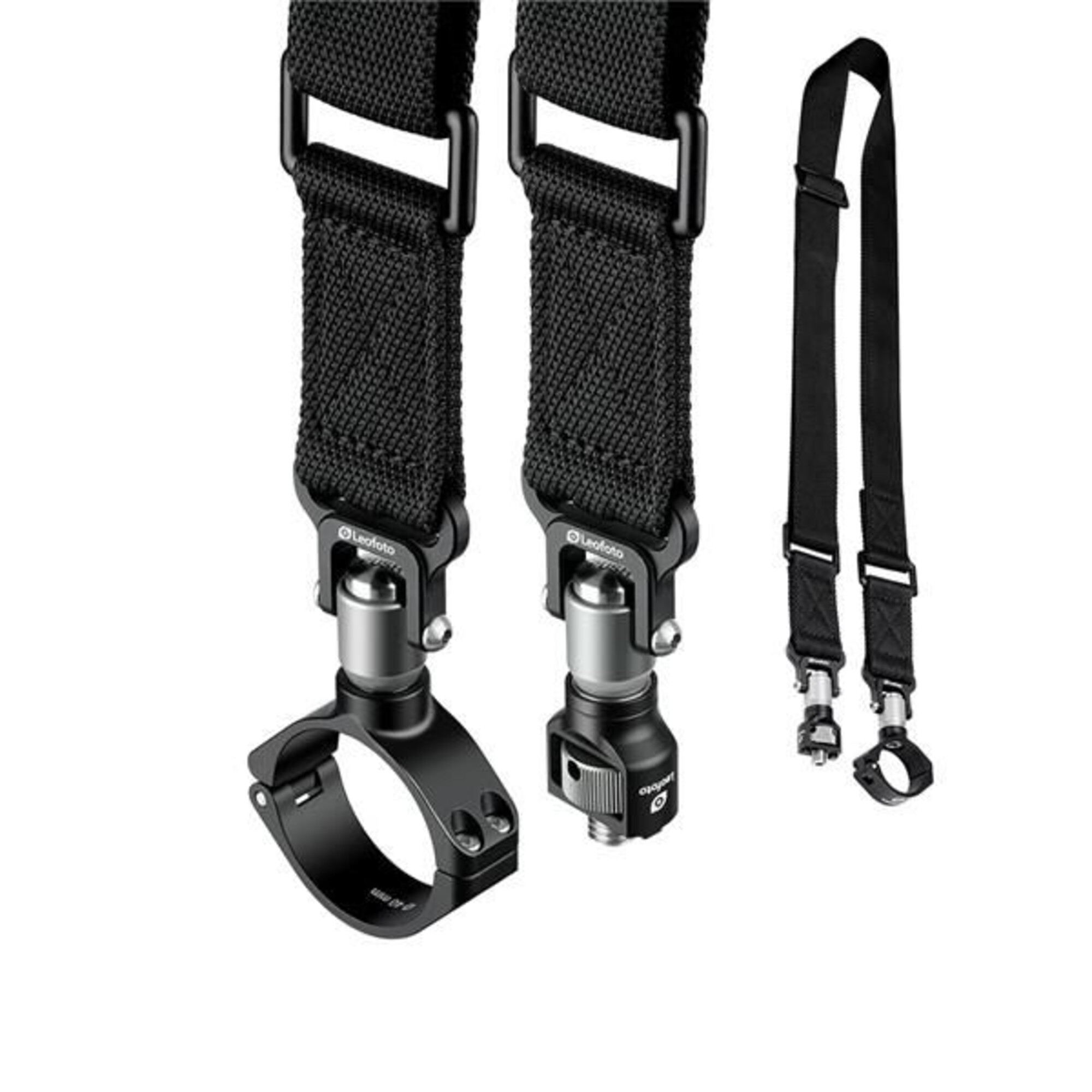 Schwarze Kameragurte mit Schnellspannverschlüssen und einem 40-mm-Klemmring.