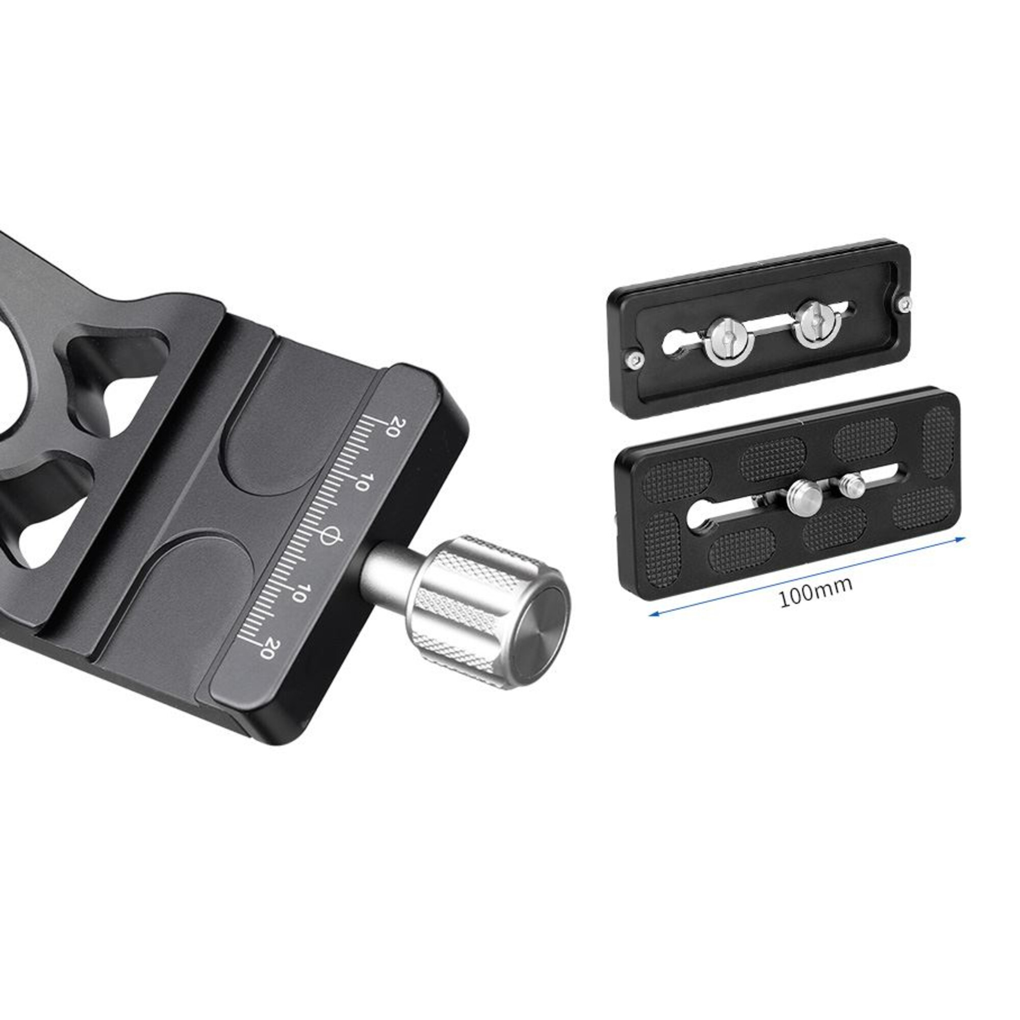 Schwarze Schnellwechselplatte aus Metall mit 100-mm-Lineal und Einstellknopf.