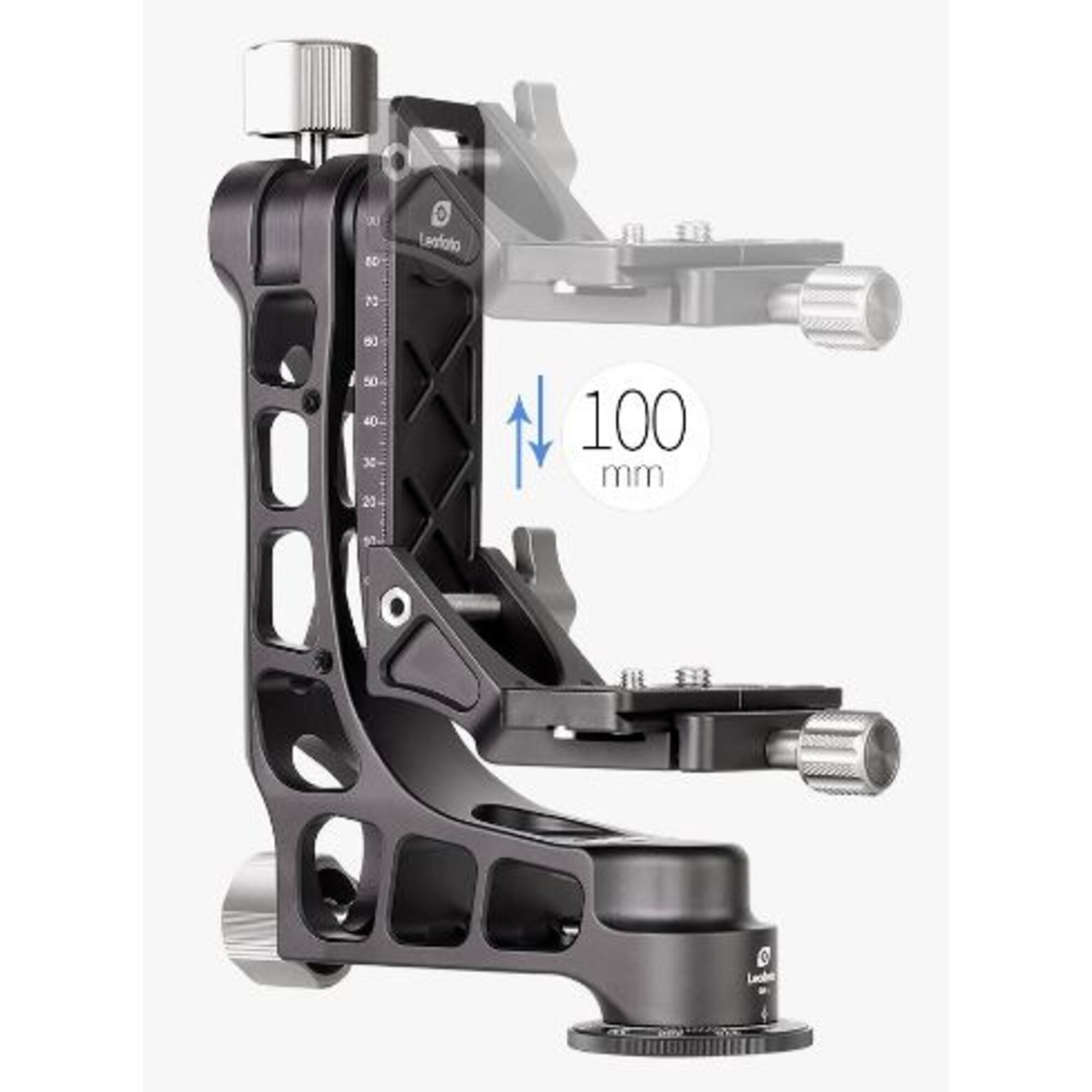 Ein schwarzer Gimbal-Kopf für Kameras mit Messmarkierungen und 100-mm-Anzeige.