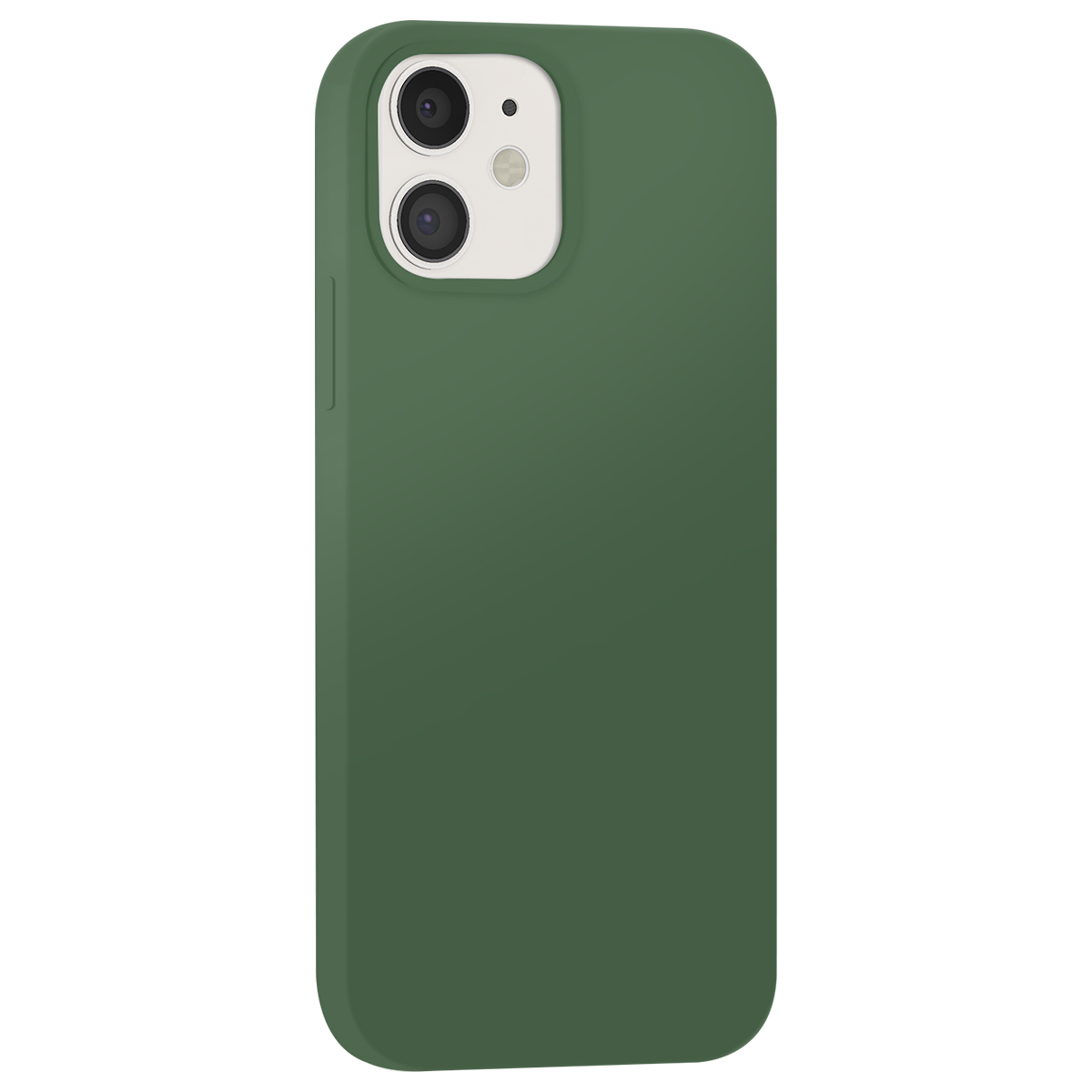 Une coque de téléphone vert foncé est montrée de dos. Elle a une découpe caméra avec deux objectifs.