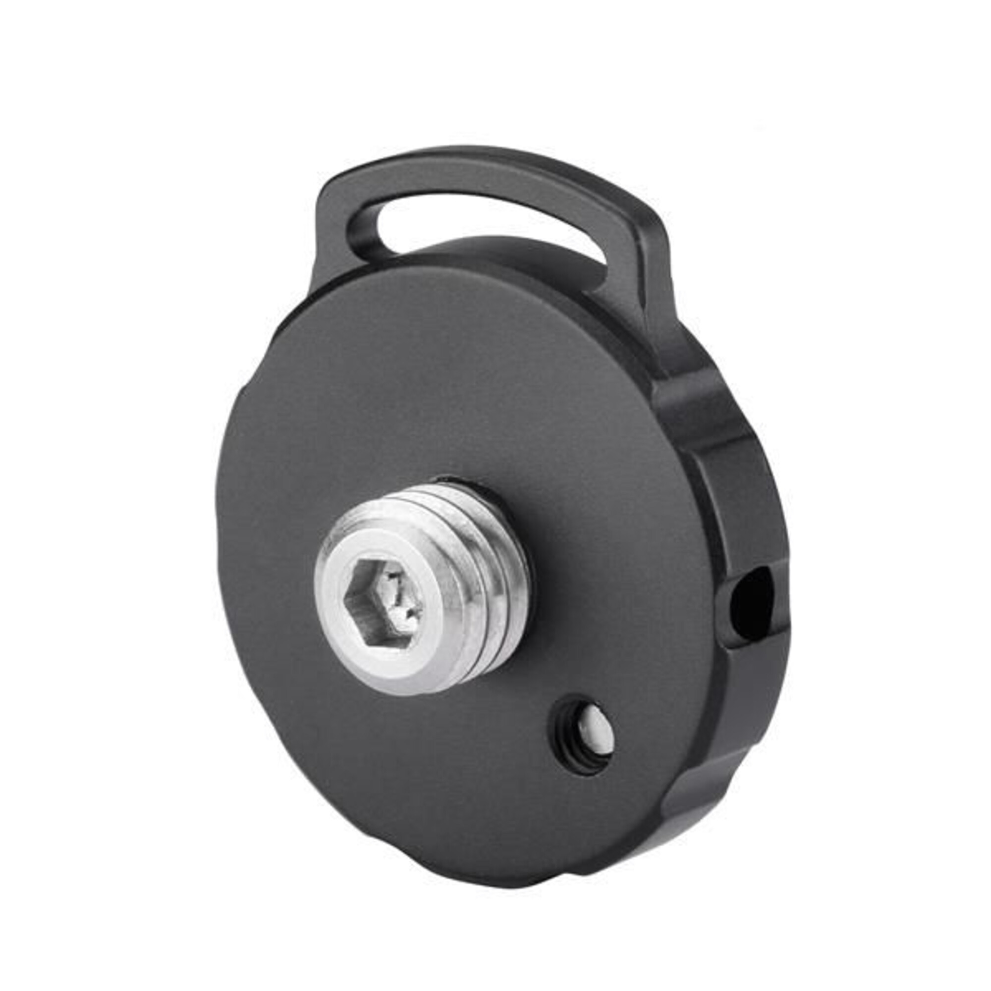 Ein schwarzer runder Adapter mit einem sechseckigen Schraubanschluss und einer Schlaufe.