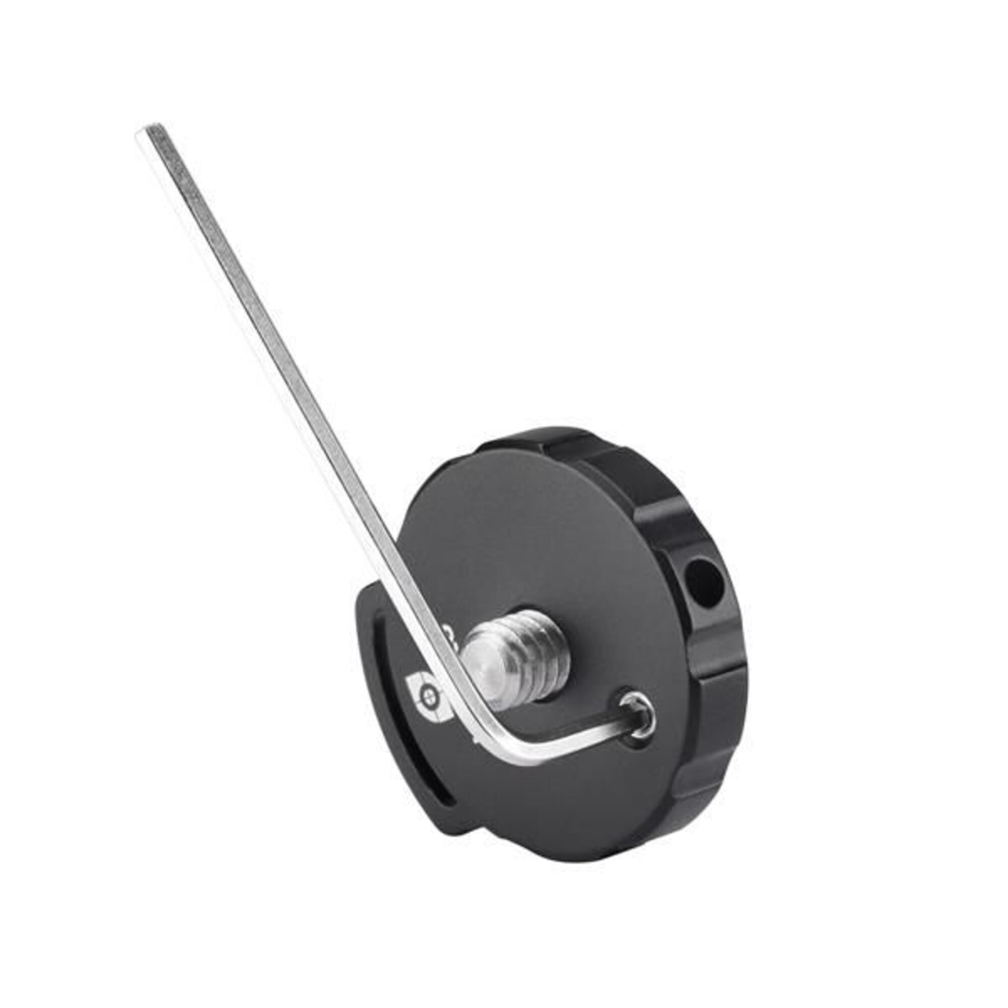 Ein schwarzer Kamerastativadapter mit einem silbernen L-Schlüssel.