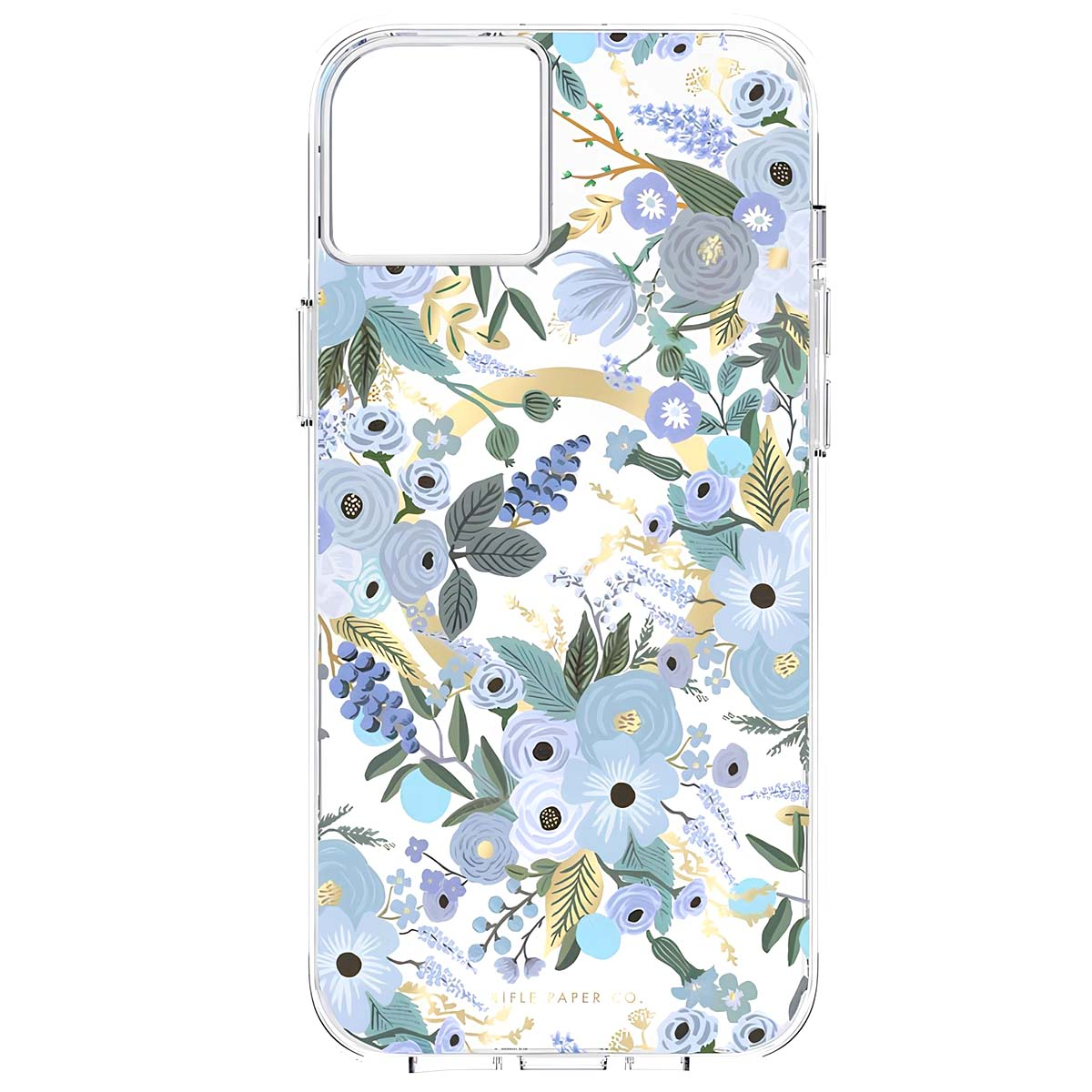 Una custodia trasparente per telefono con un motivo floreale blu. I fiori sono blu chiaro e blu scuro con foglie verdi.