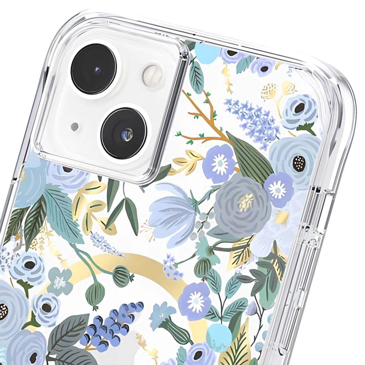 Una custodia trasparente per telefono con motivo floreale blu e lenti della fotocamera visibili.