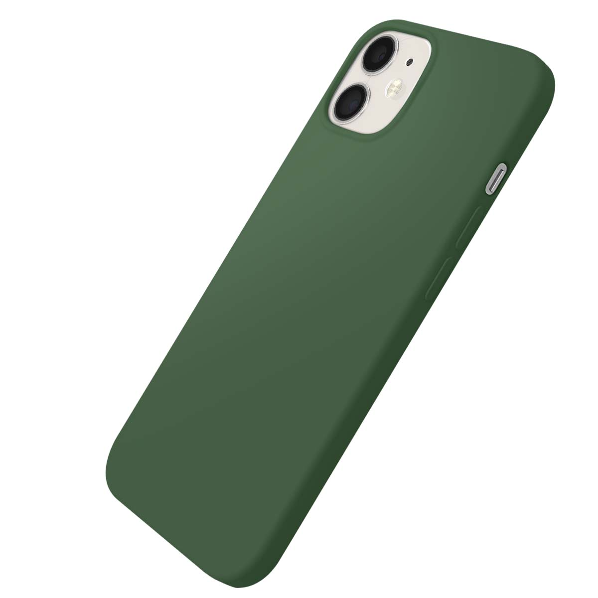 Coque de téléphone vert foncé avec découpe pour appareil photo, sur fond blanc.
