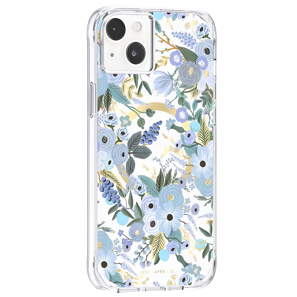 Una custodia trasparente per telefono con motivo floreale blu e accenti dorati.