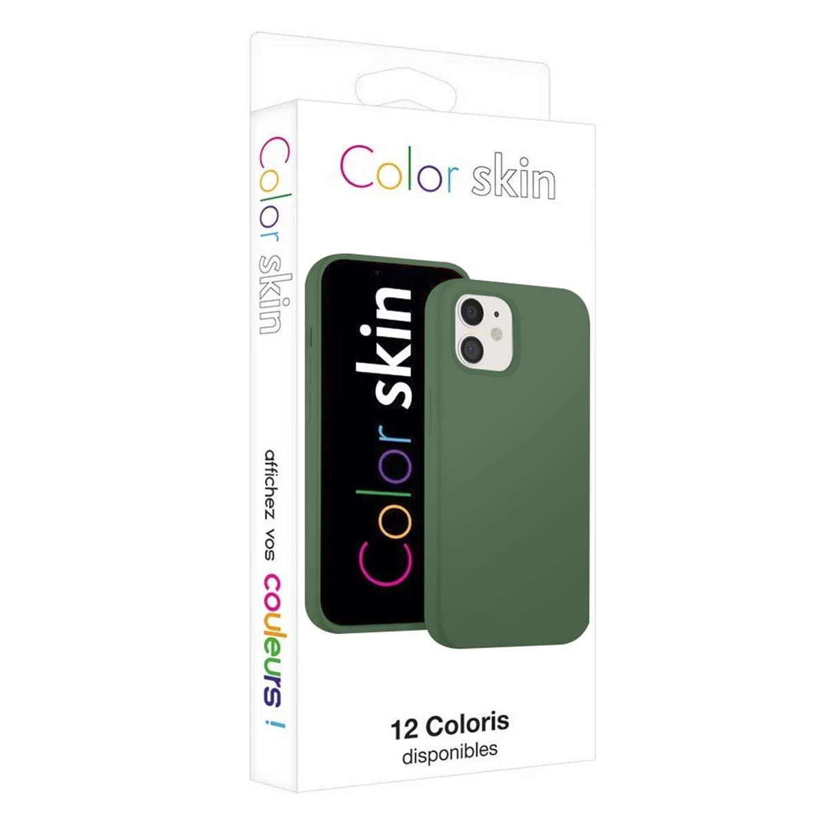 Coque de téléphone verte avec marque 'Color skin' sur emballage et écran.