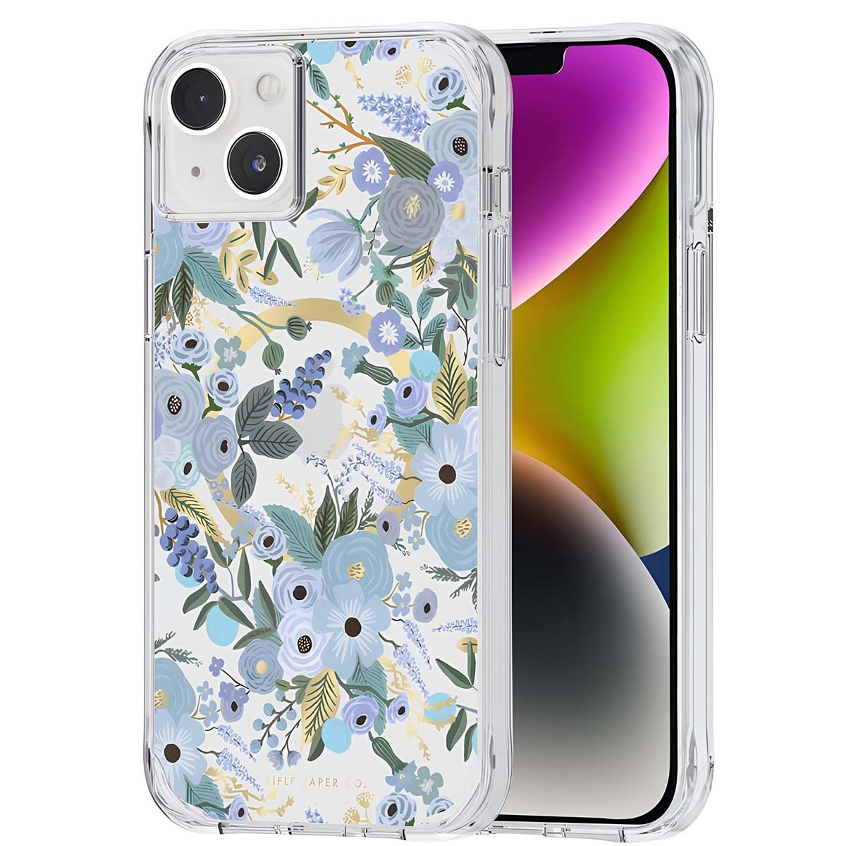 Una cover trasparente per telefono con motivo floreale blu copre uno smartphone con schermo colorato.