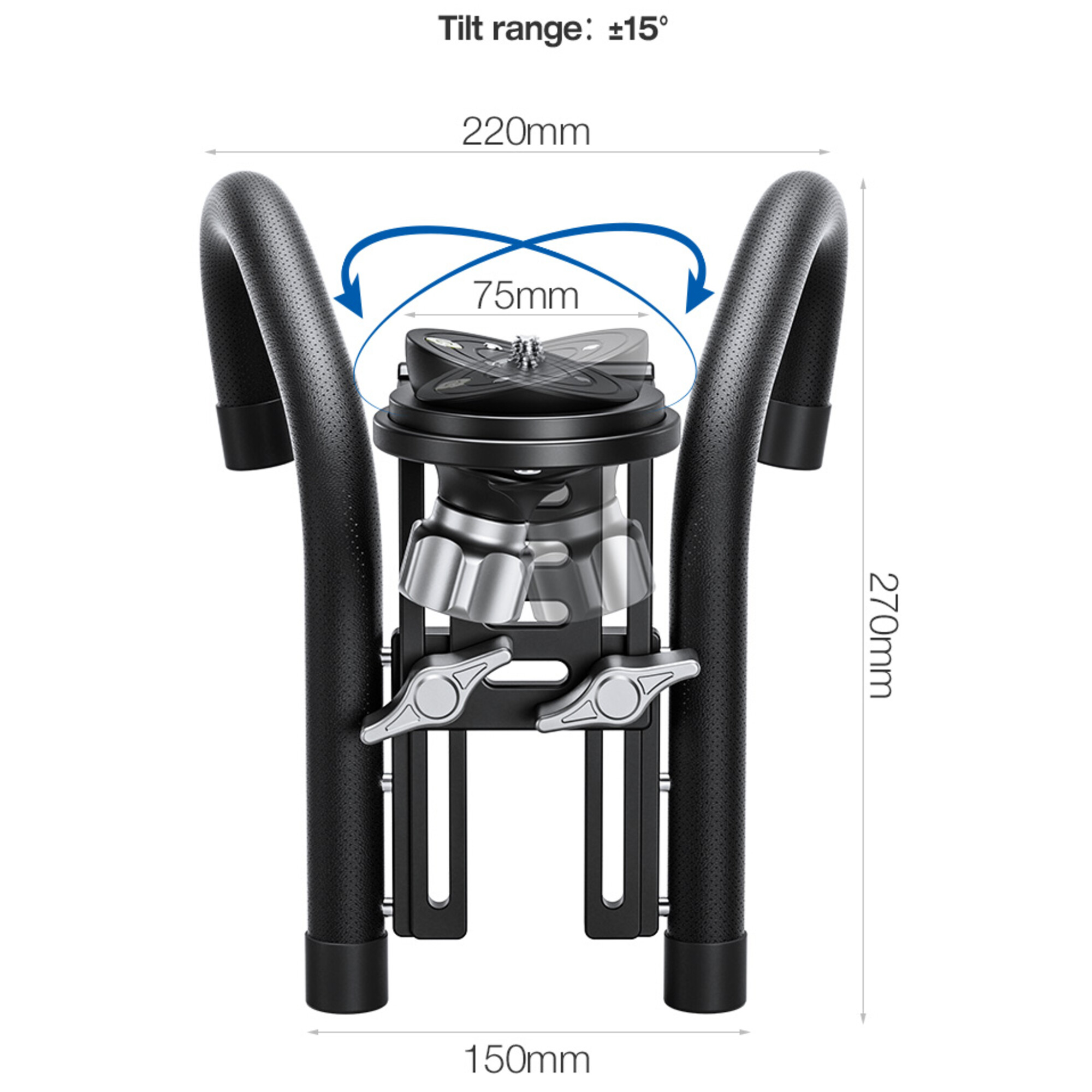 Ein schwarzer Gimbal mit Maßen 220x270x150mm und einer Neigungsreichweite von ±15°.