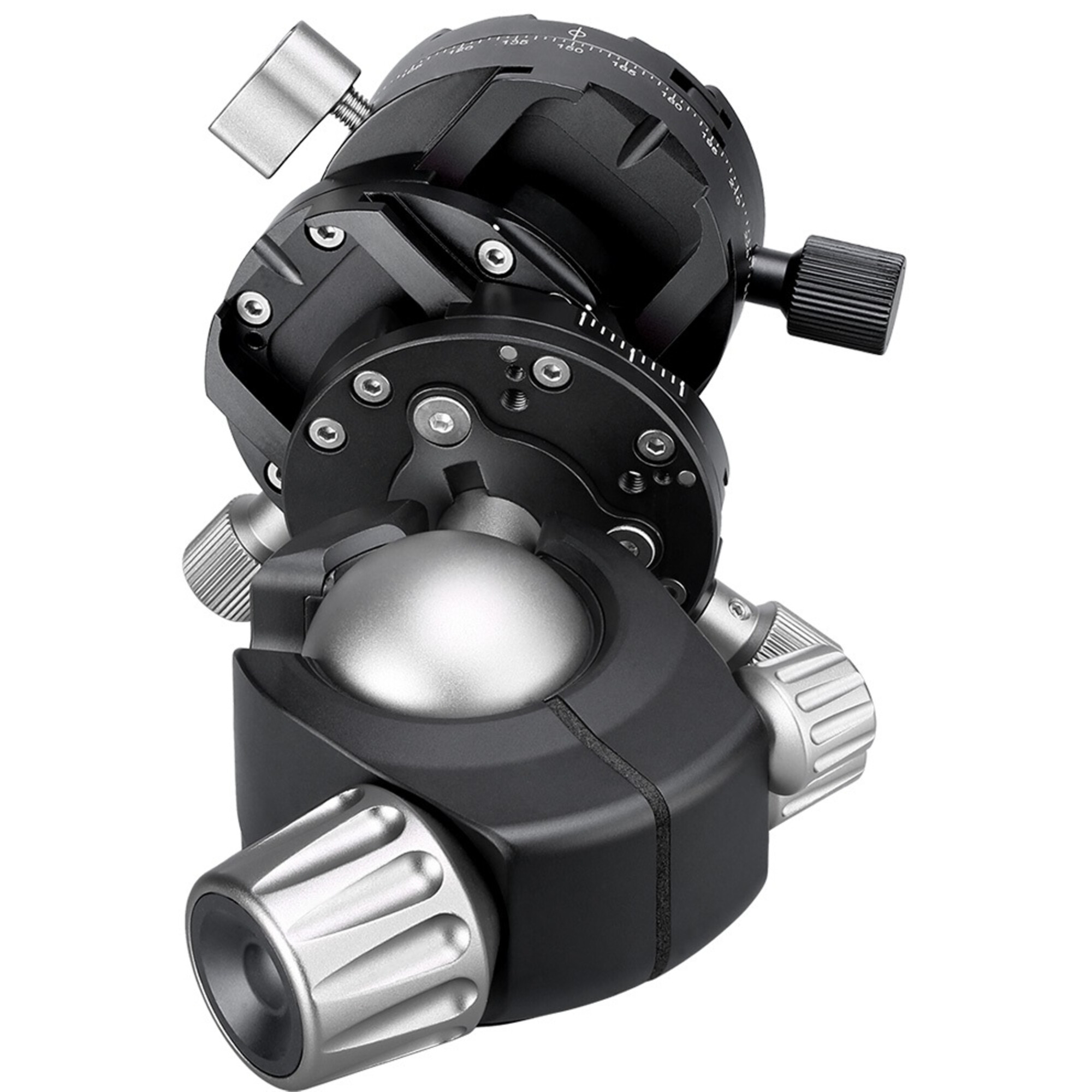 Una testa a sfera per fotocamera nera con manopole e scale argentate.